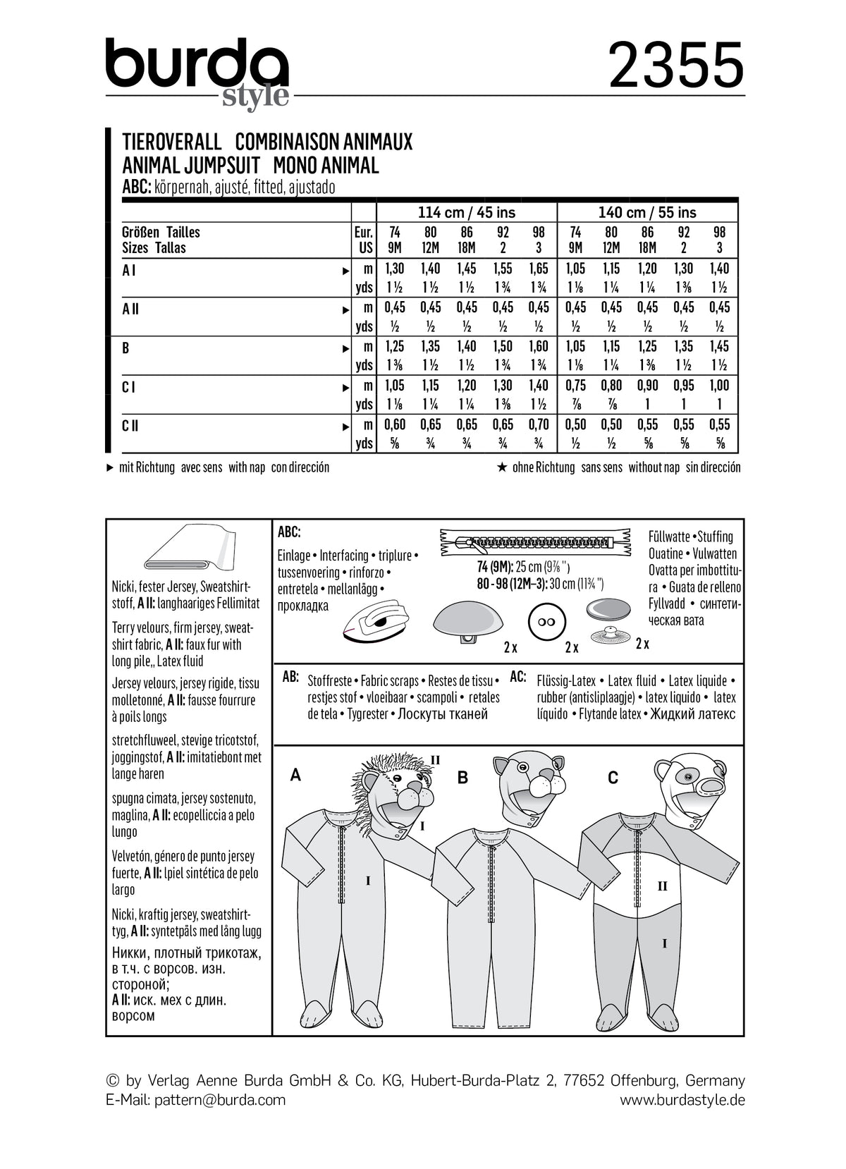 Patron Burda n°2355 - Combinaison Animaux pour Enfants