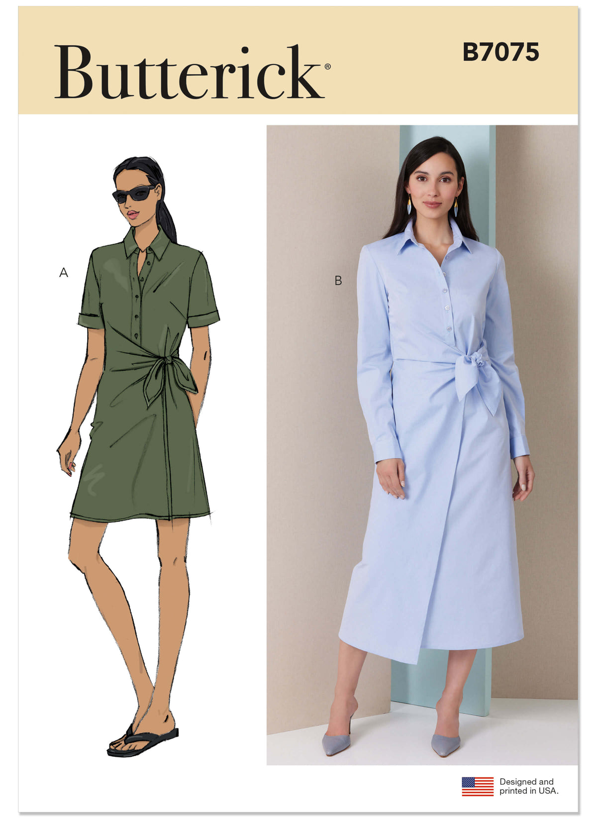 Patron Butterick n°7075 – Robe-chemise croisée à la taille