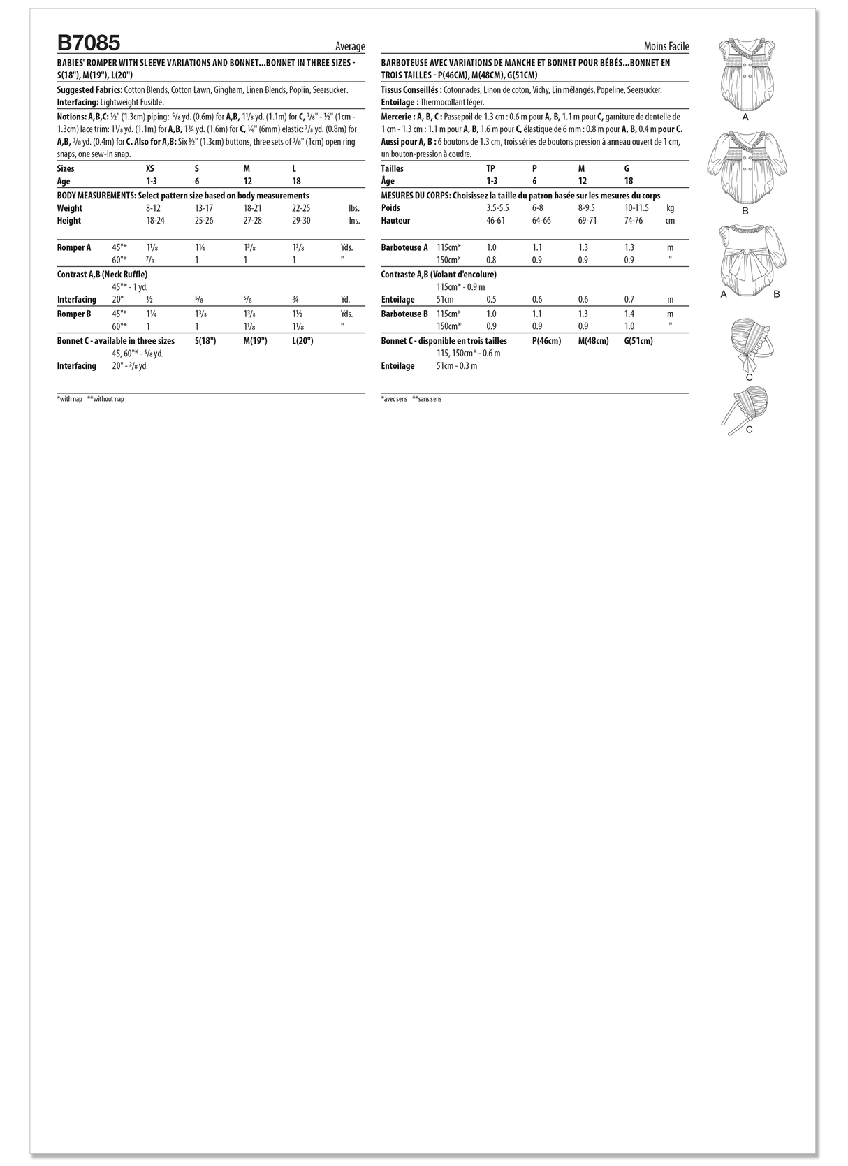 Patron Butterick n°7085 – Grenouillère et bonnet pour bébé