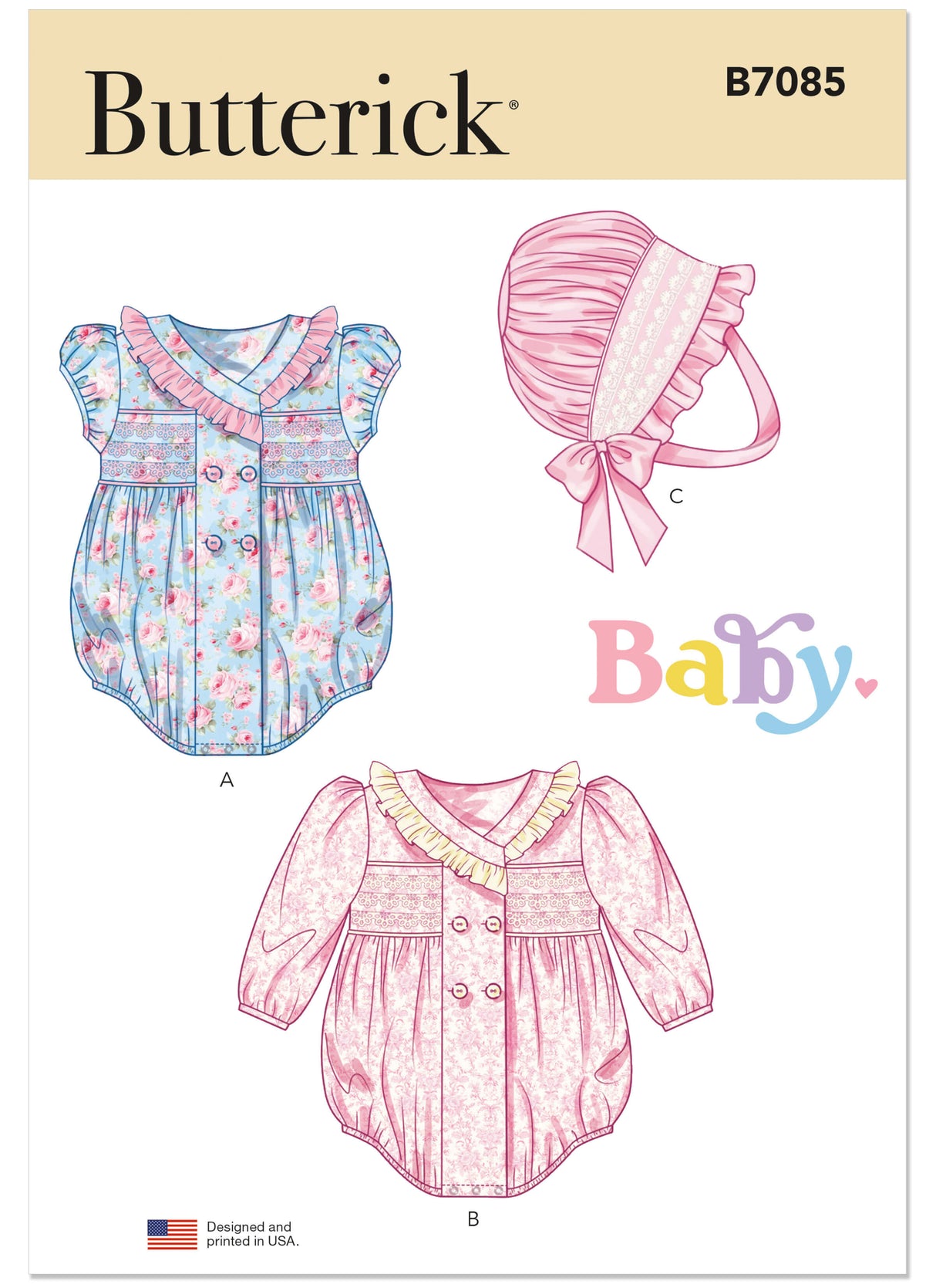 Patron Butterick n°7085 – Grenouillère et bonnet pour bébé
