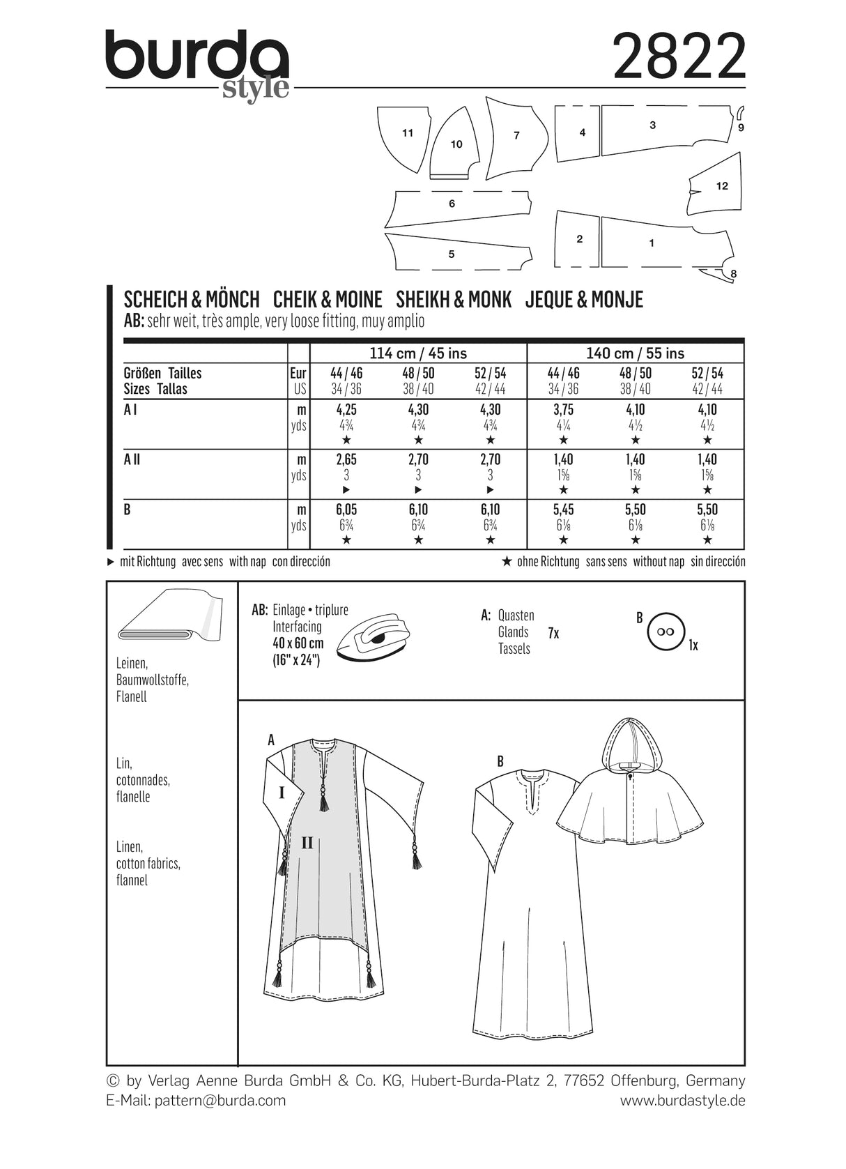 Patron Burda n°2822 – Déguisements Homme : Moine et Cheik