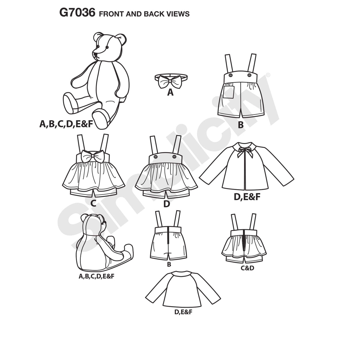 Couverture: ensemble de vêtements et accessoire pour enfant autour d’un ours en peluche. Vêtements: B, C, D, E et F comprennent robe, salopette, chemise et ensembles assortis. Accessoire A est une paire de lunettes.