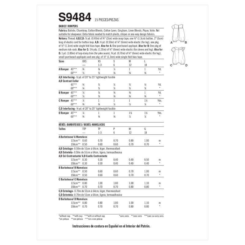 Patron Simplicity S9484.A - Barboteuses pour bébés
