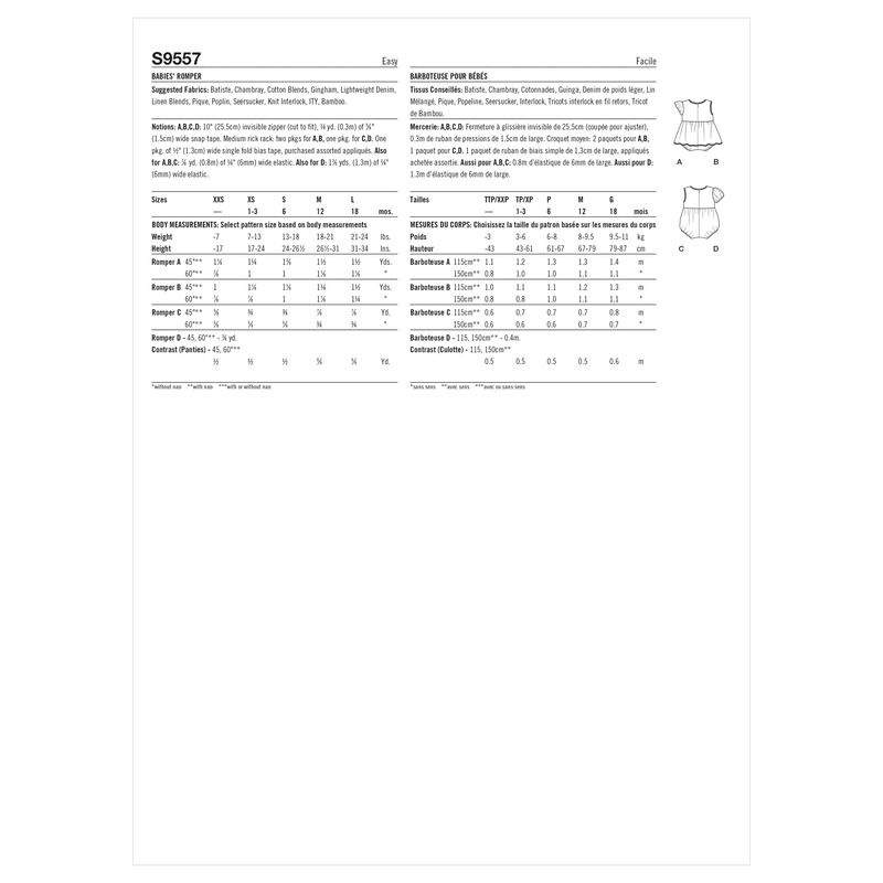 Patron Simplicity S9557.A - Barboteuse pour bébés