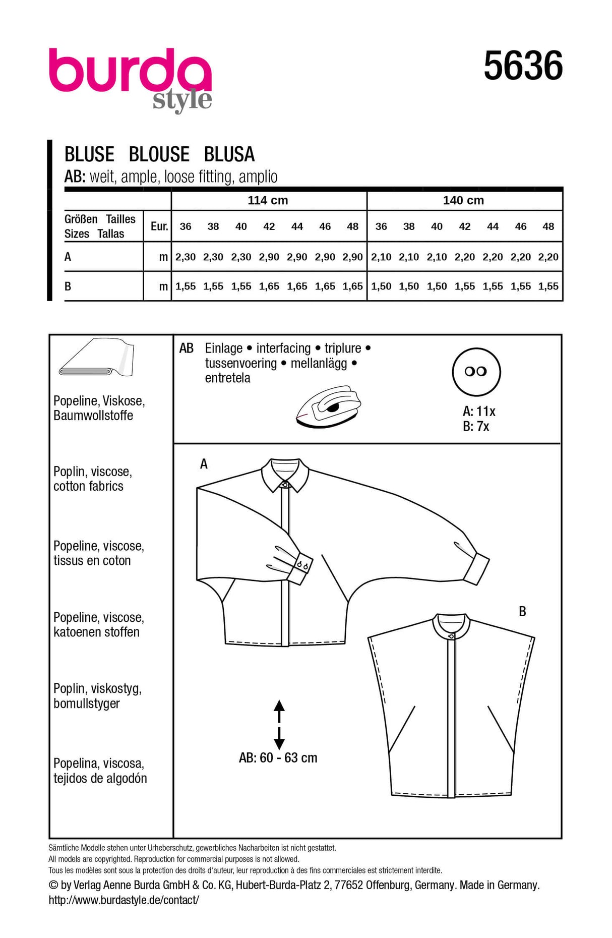 Patron Burda 5636 – Blouses modernes à manches raglan ou chauve-souris