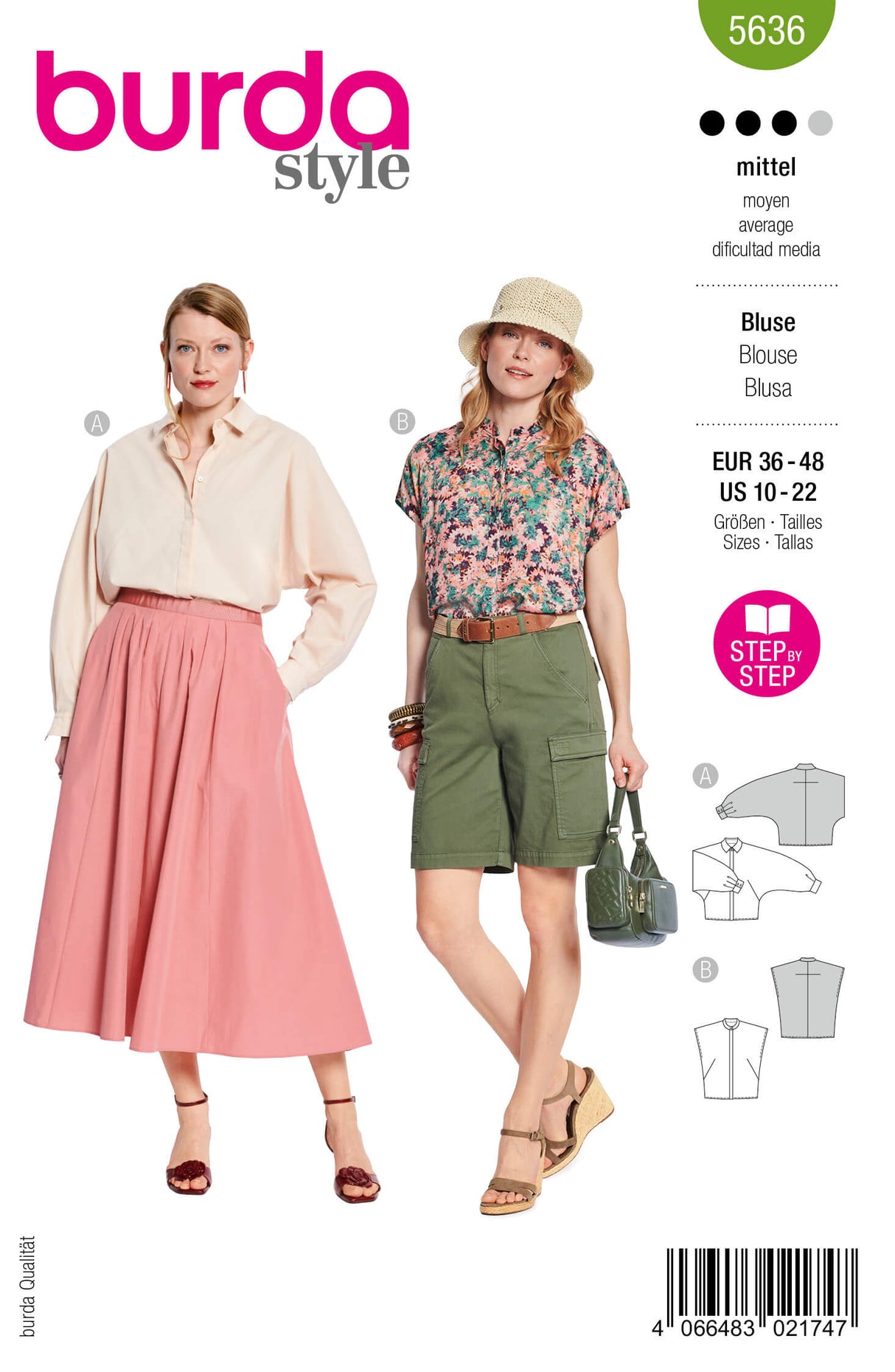 Patron Burda 5636 – Blouses modernes à manches raglan ou chauve-souris