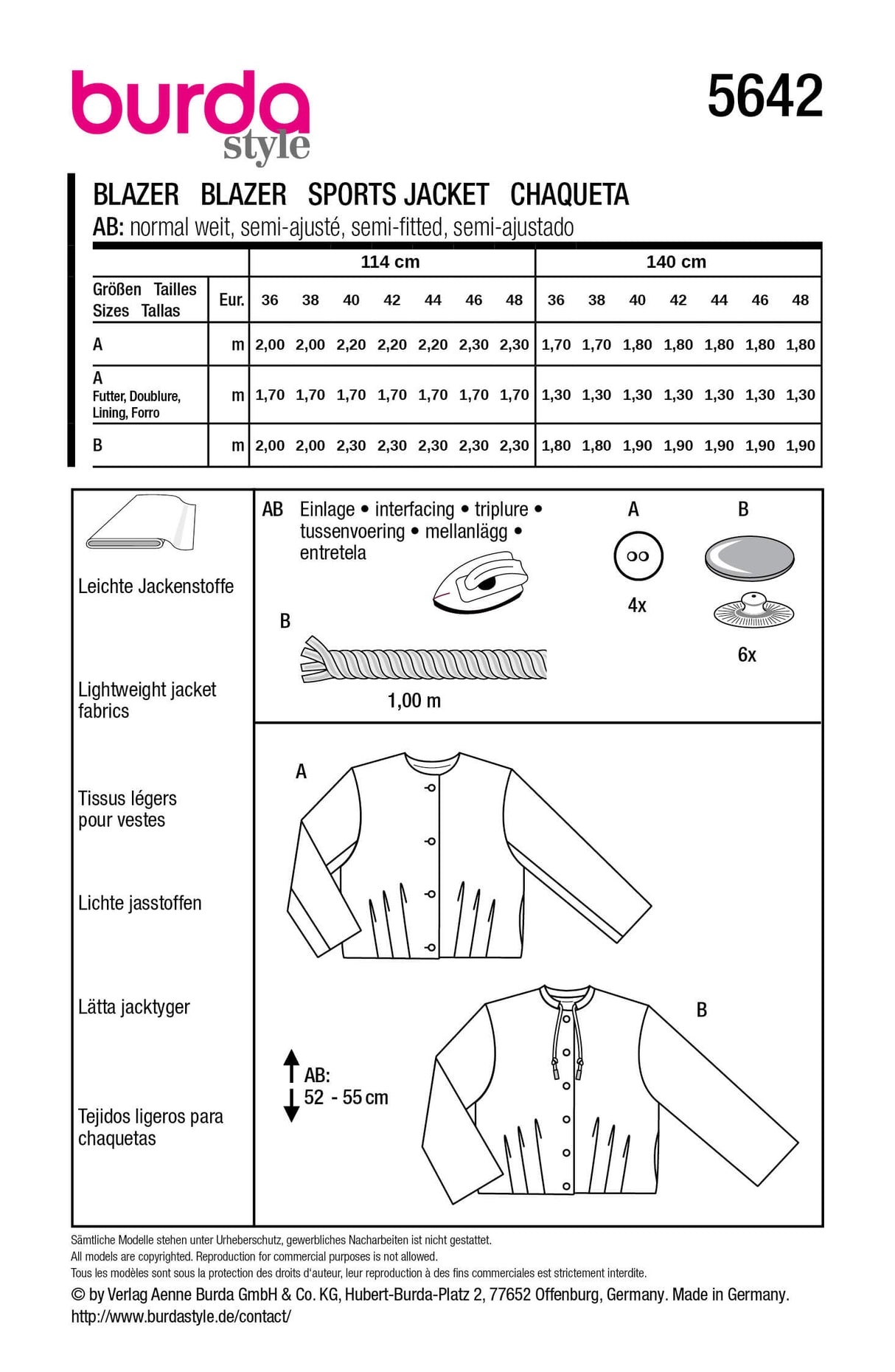 Patron Burda 5642 – Vestes élégantes et blazer moderne