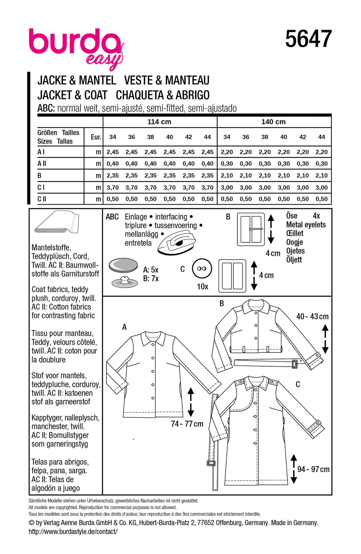 Patron Burda 5647 – Vestes et manteaux femme tendance faciles à coudre
