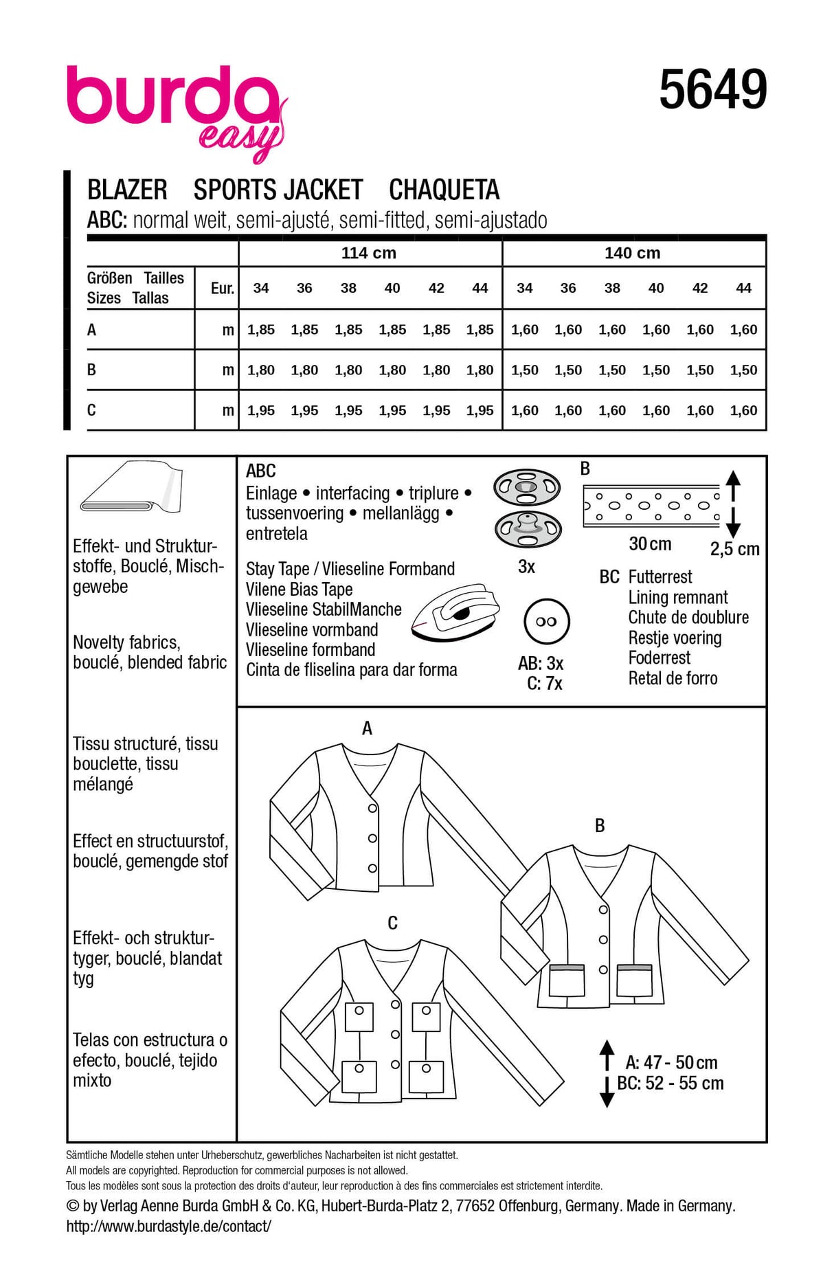Patron Burda 5649 – Vestes élégantes style French Jacket à coudre
