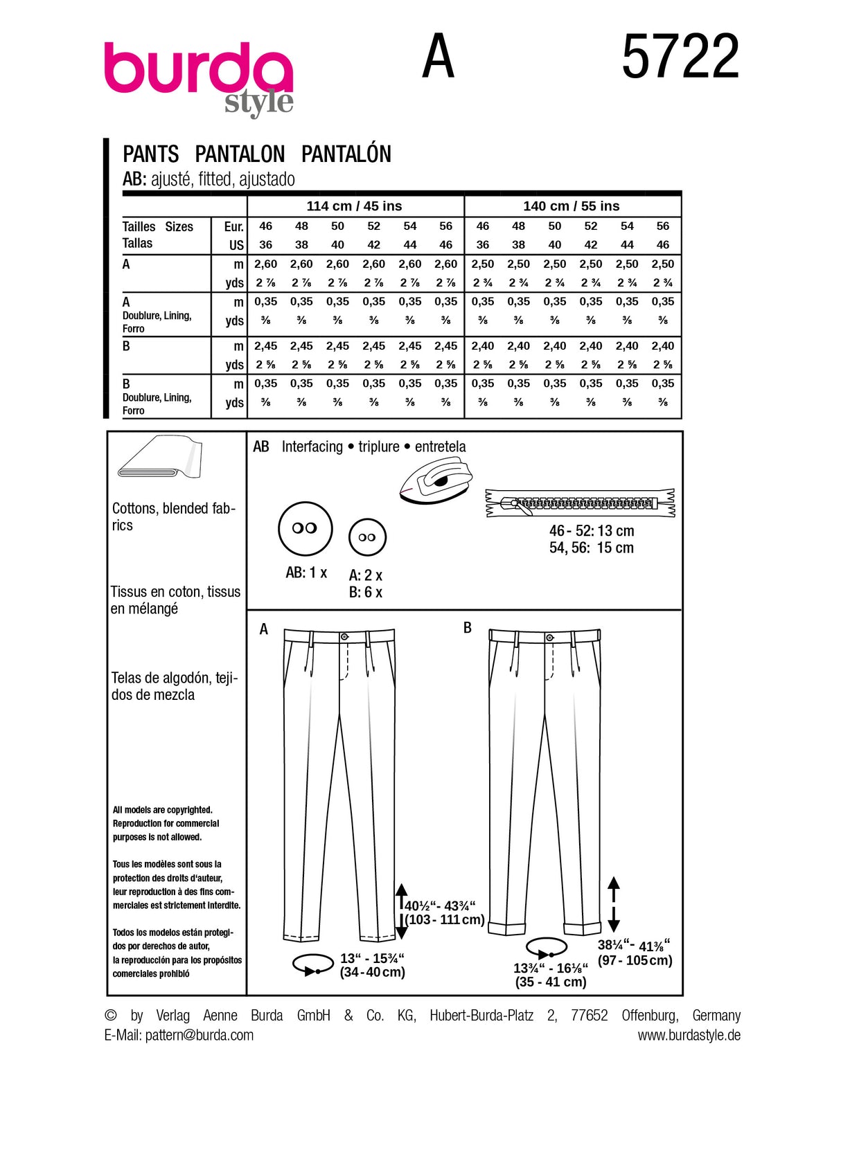 Patron Burda n°5722 - Pantalon à double pinces pour homme