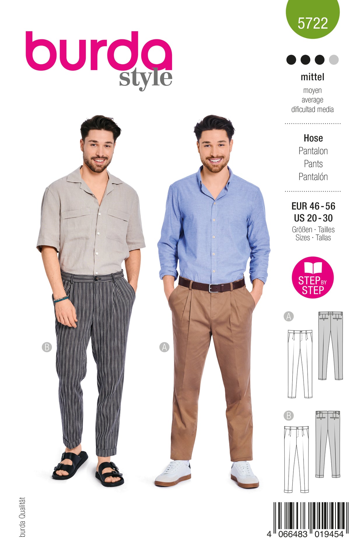 Patron Burda n°5722 - Pantalon à double pinces pour homme