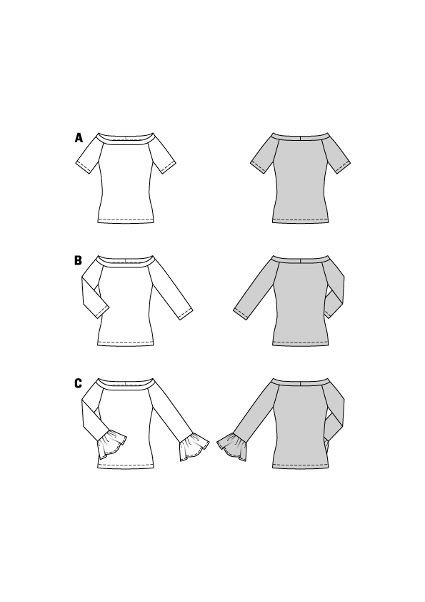 Patron Burda n°5730 – Tops à encolure bateau