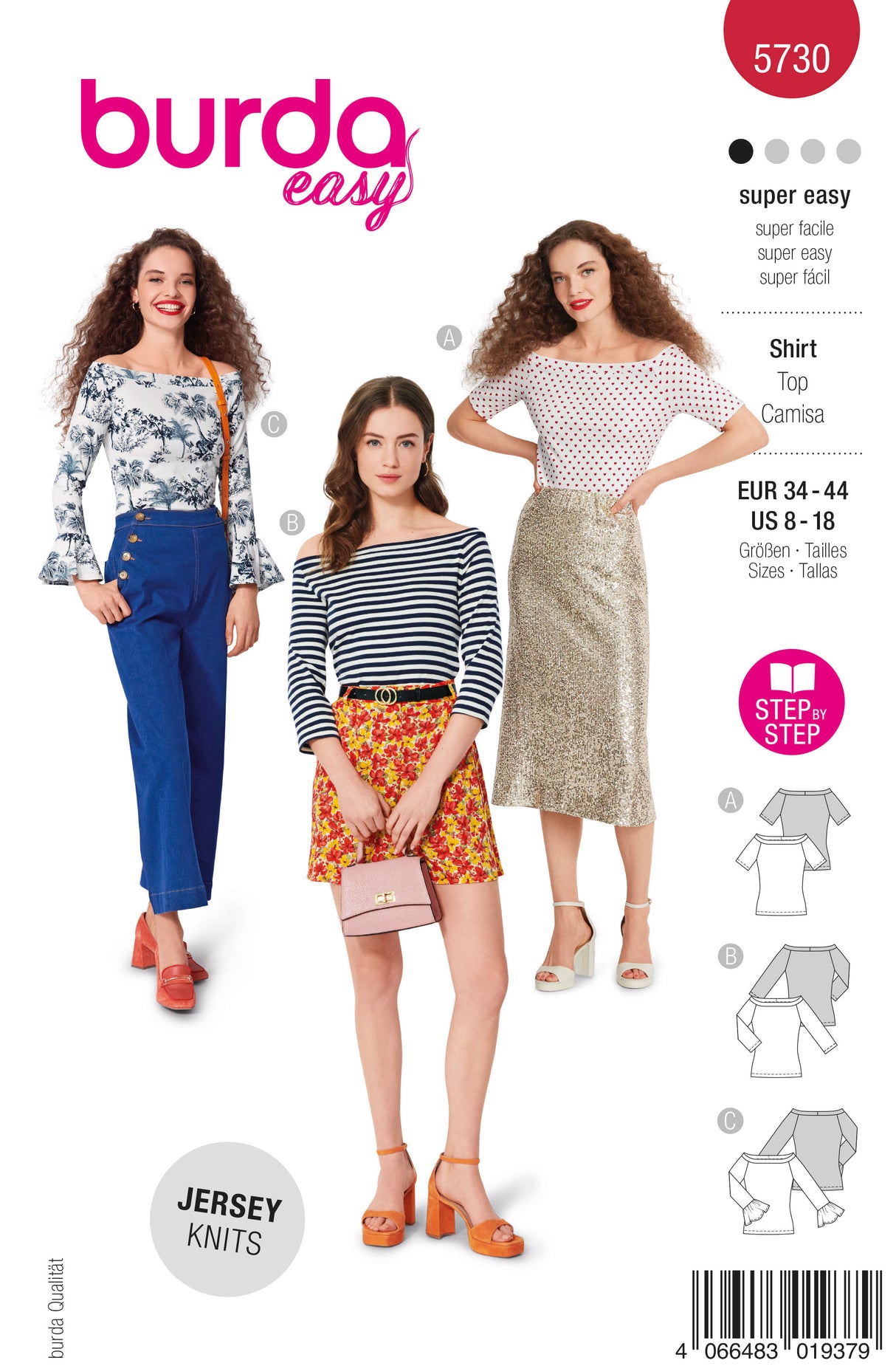 Patron Burda n°5730 – Tops à encolure bateau