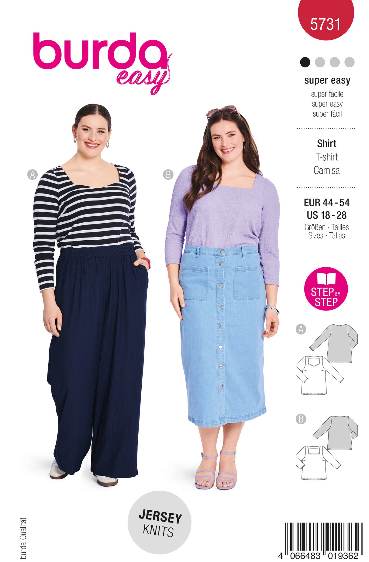 Patron Burda n°5731 – T-shirts à encolure cœur ou carrée