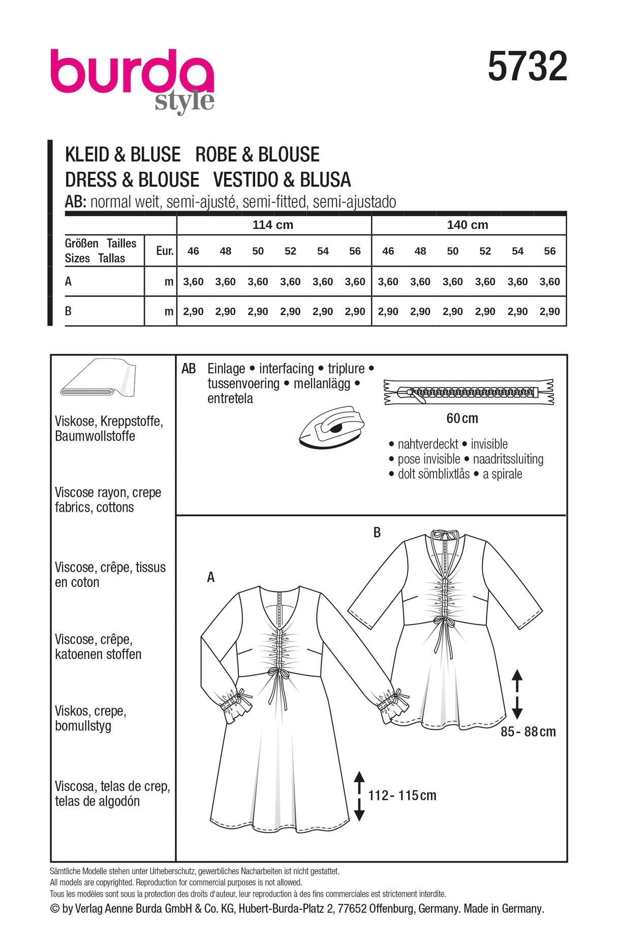 Patron Burda n°5732 – Blouse ou robe froncée à la poitrine