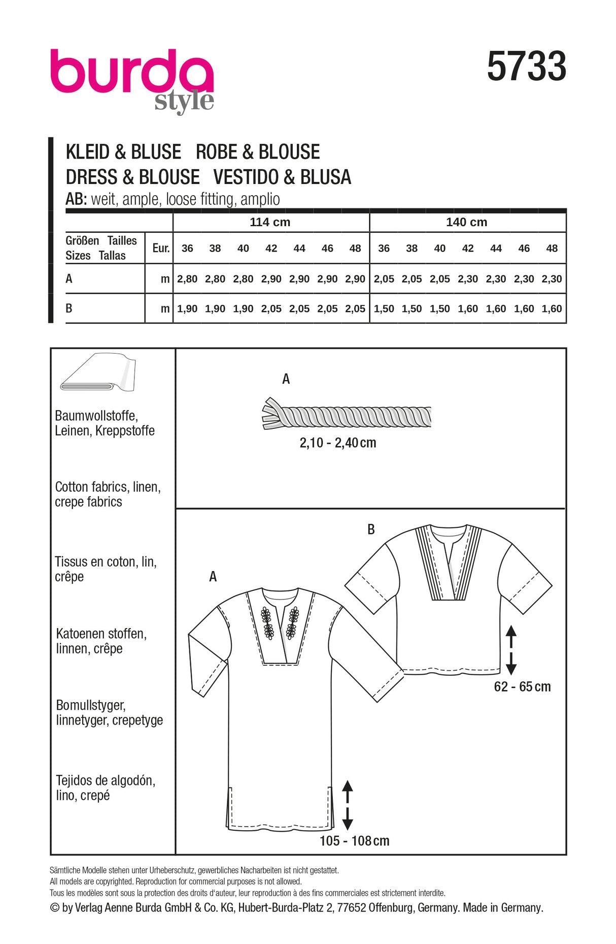 Patron Burda n°5733 – Robe tunique et blouse brodée