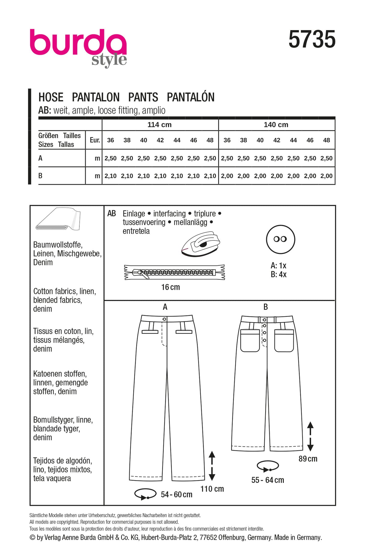 Patron Burda n°5735 – Pantalon droit et jean 7/8