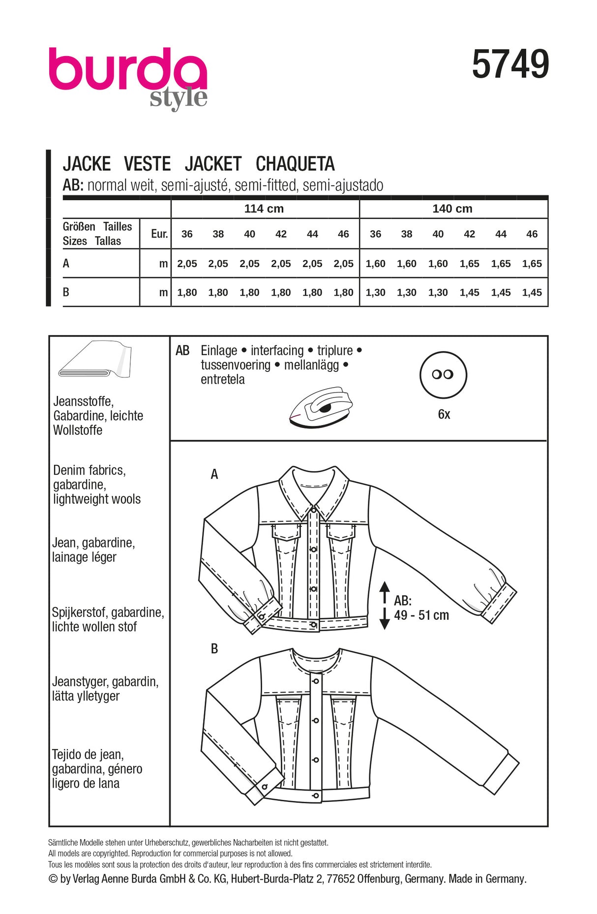 Patron Burda 5749 - Veste