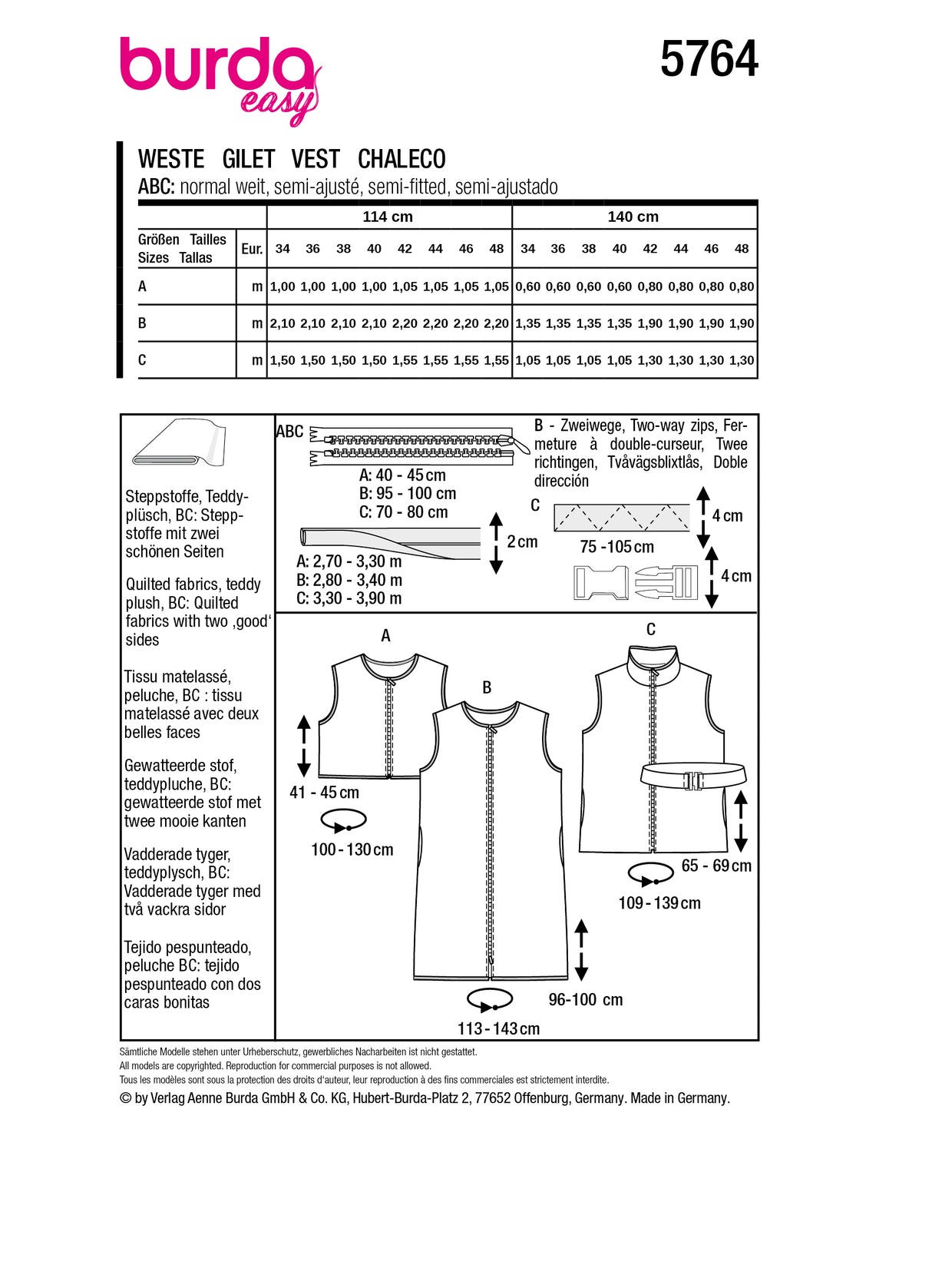 Patron Burda n°5764 – Gilets Matelassés pour Femme