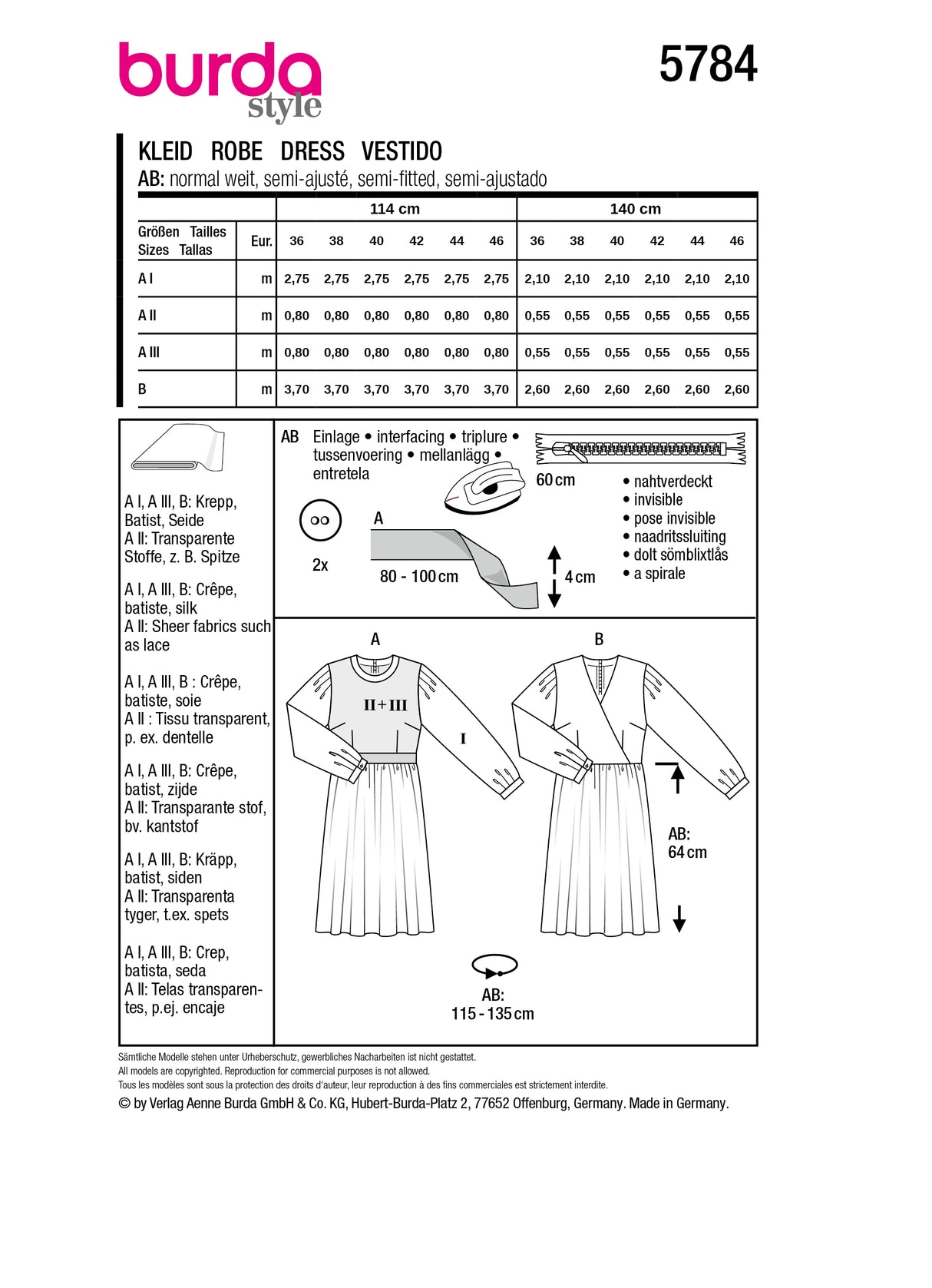 Patron Burda n°5784 – Robe Élégante avec Manches Volumineuses