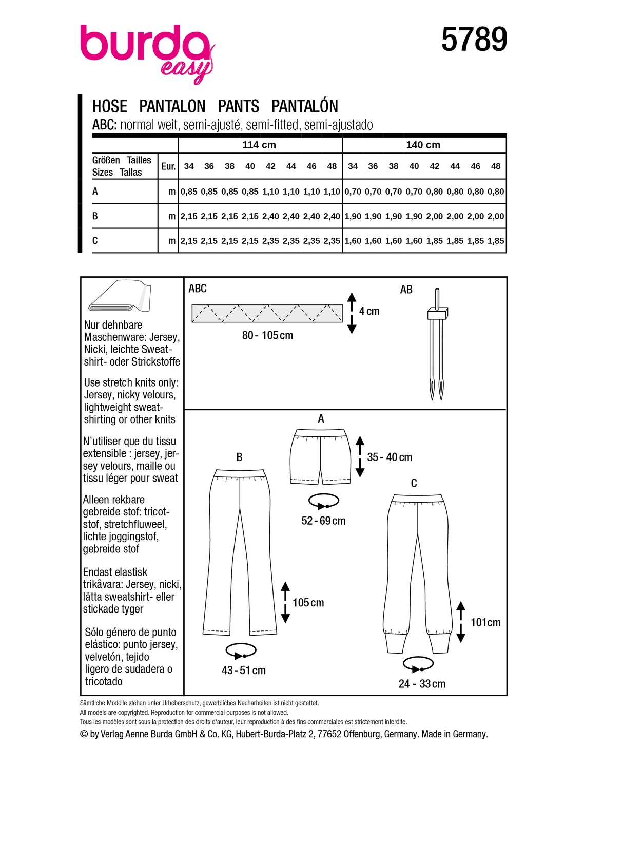 Patron Burda n°5789 - Pantalon et Short Confortables
