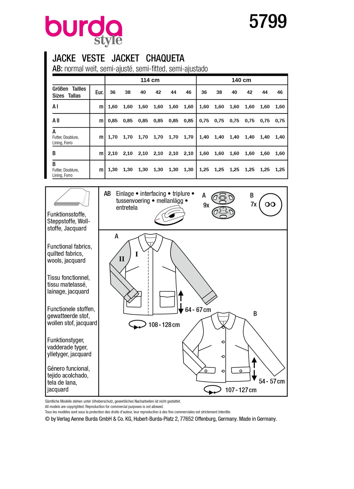 Patron Burda n°5799 - Veste Féminine