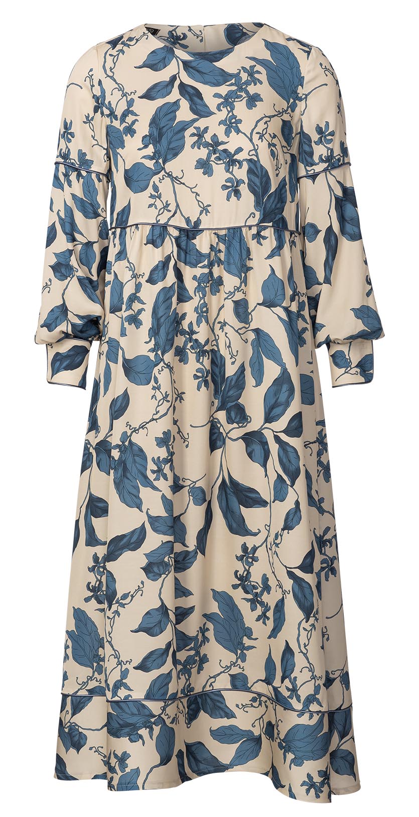 Robe longue imprimé feuillage bleu sur fond clair, manches bouffantes et ourlet volant.