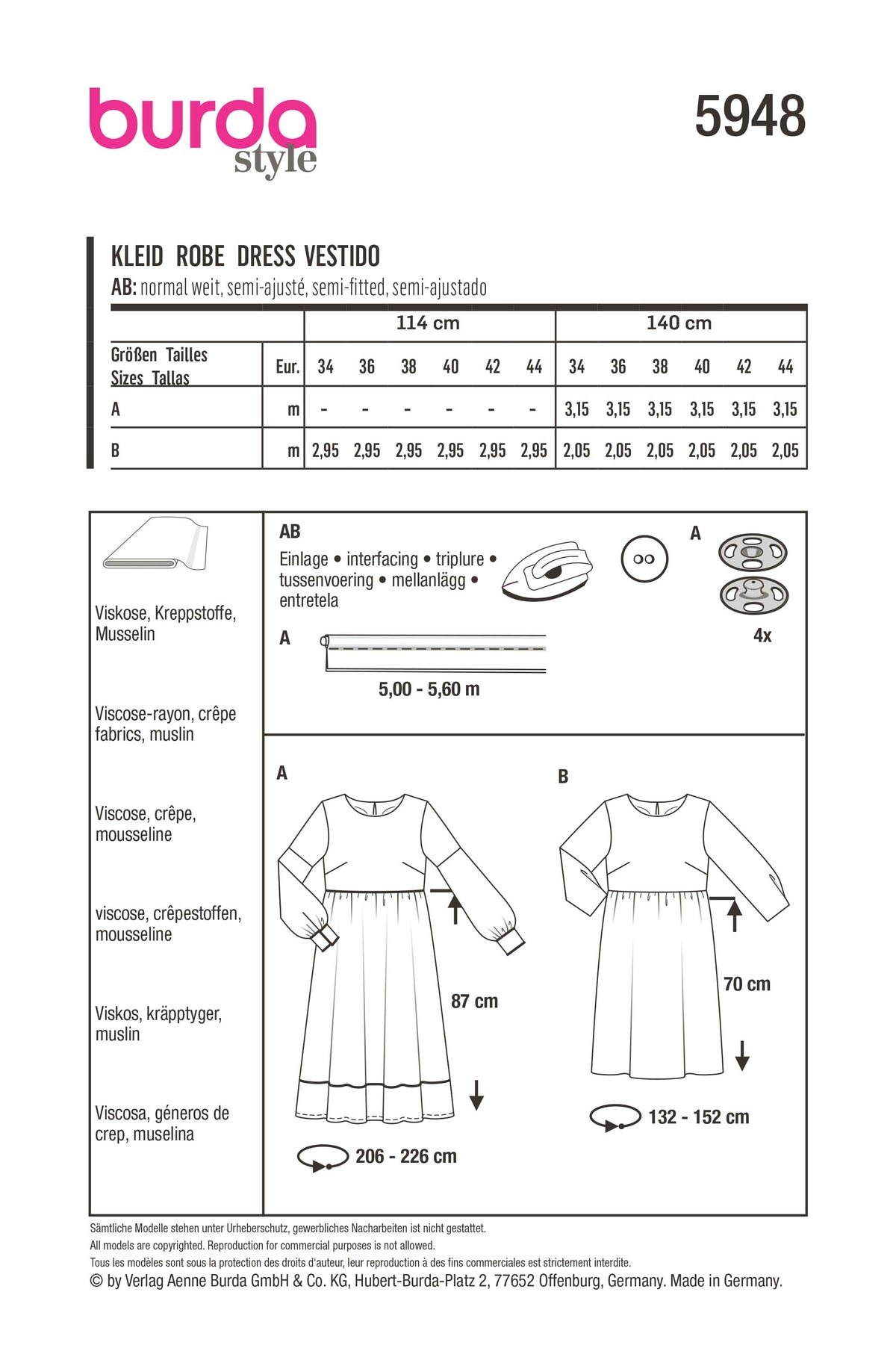 Patron Burda n°5948 - Robe taille haute et encolure ronde
