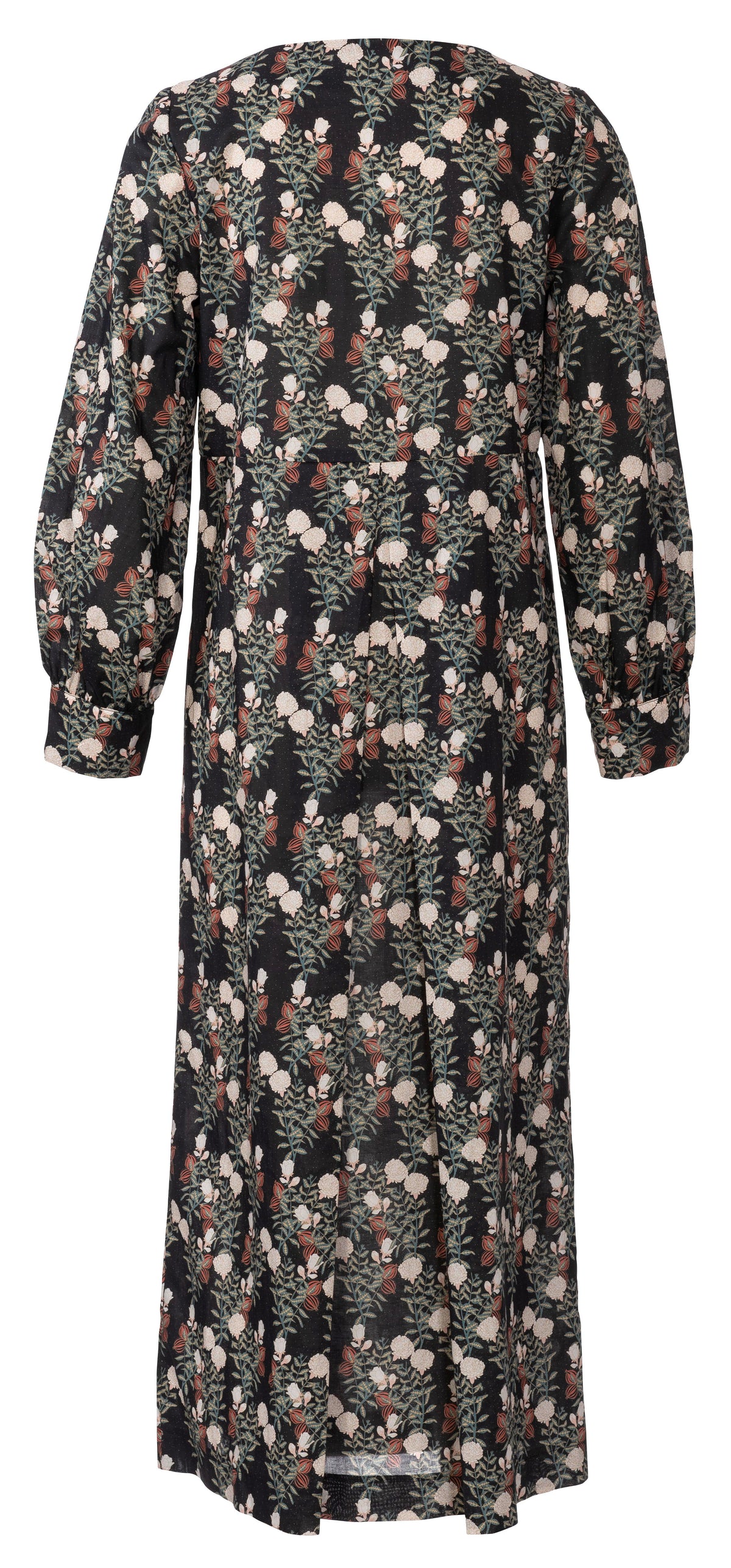 Robe longue à imprimé floral noir avec manches bouffantes et élastiques aux poignets.