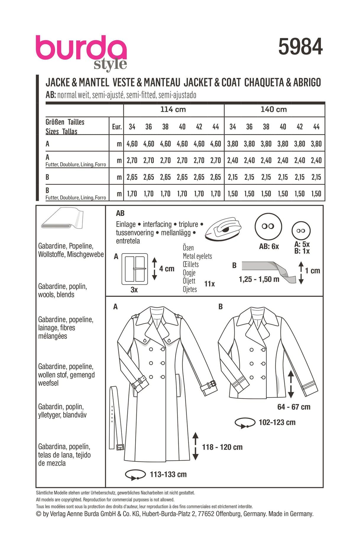 Patron Burda n°5984 - Veste caban et trench-coat