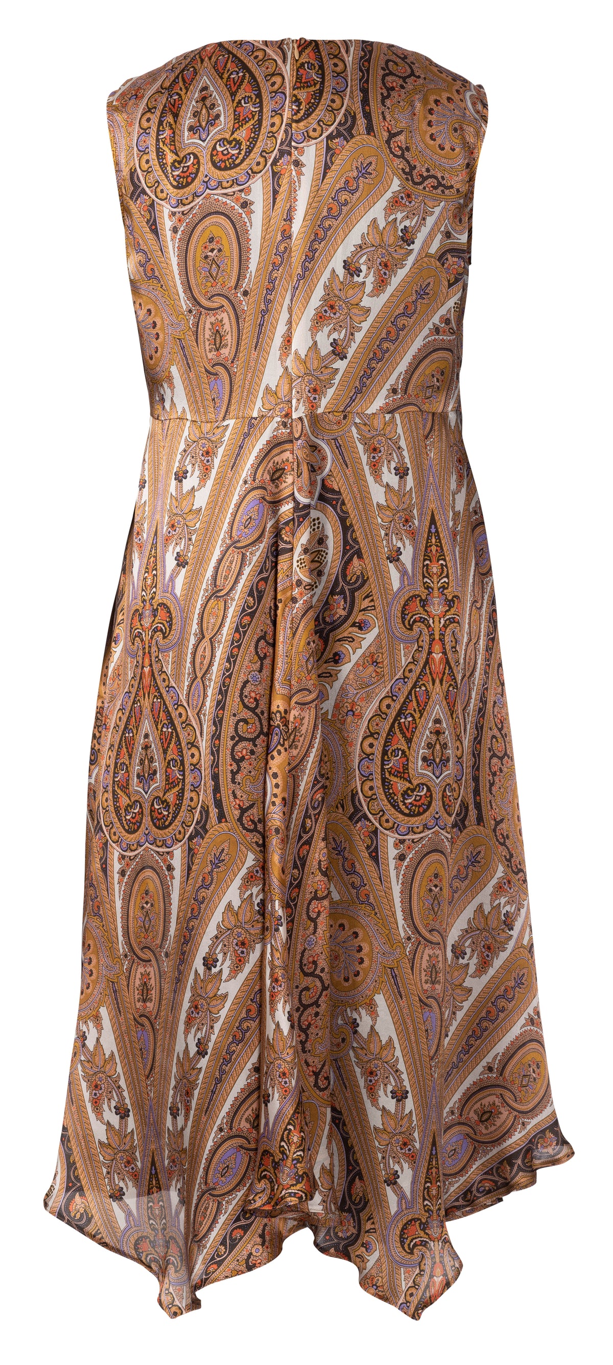 Robe strapless à motifs paisley dans les tons beige, brun et or, ceinture nouée à la taille et bas asymétrique.