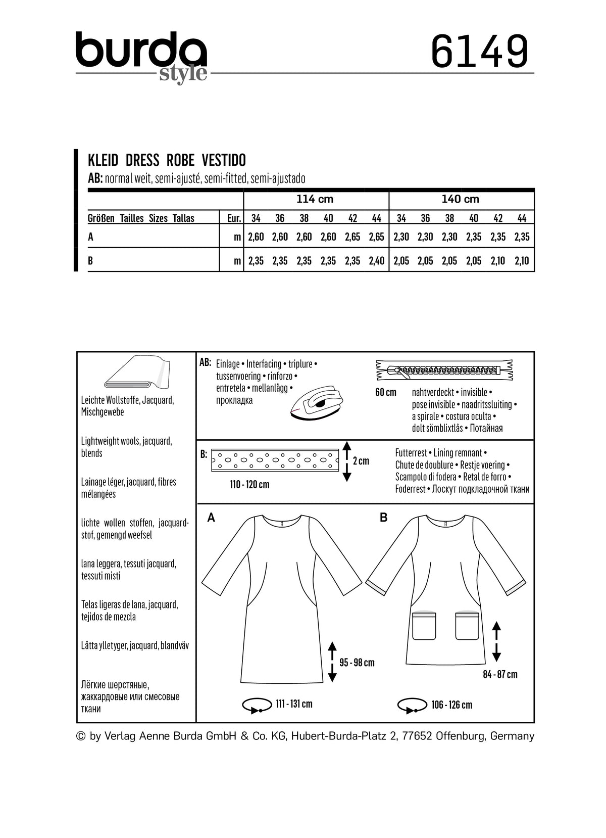 Patron Burda n°6149 – Robe semi-ajustée à encolure bateau