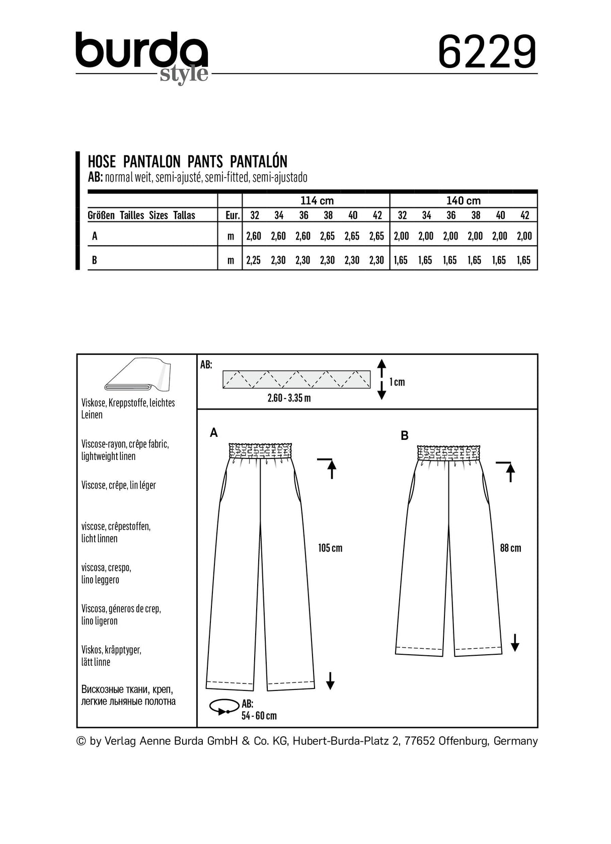 Patron Burda n°6229 – Pantalon femme et pantacourt à coulisse élastique