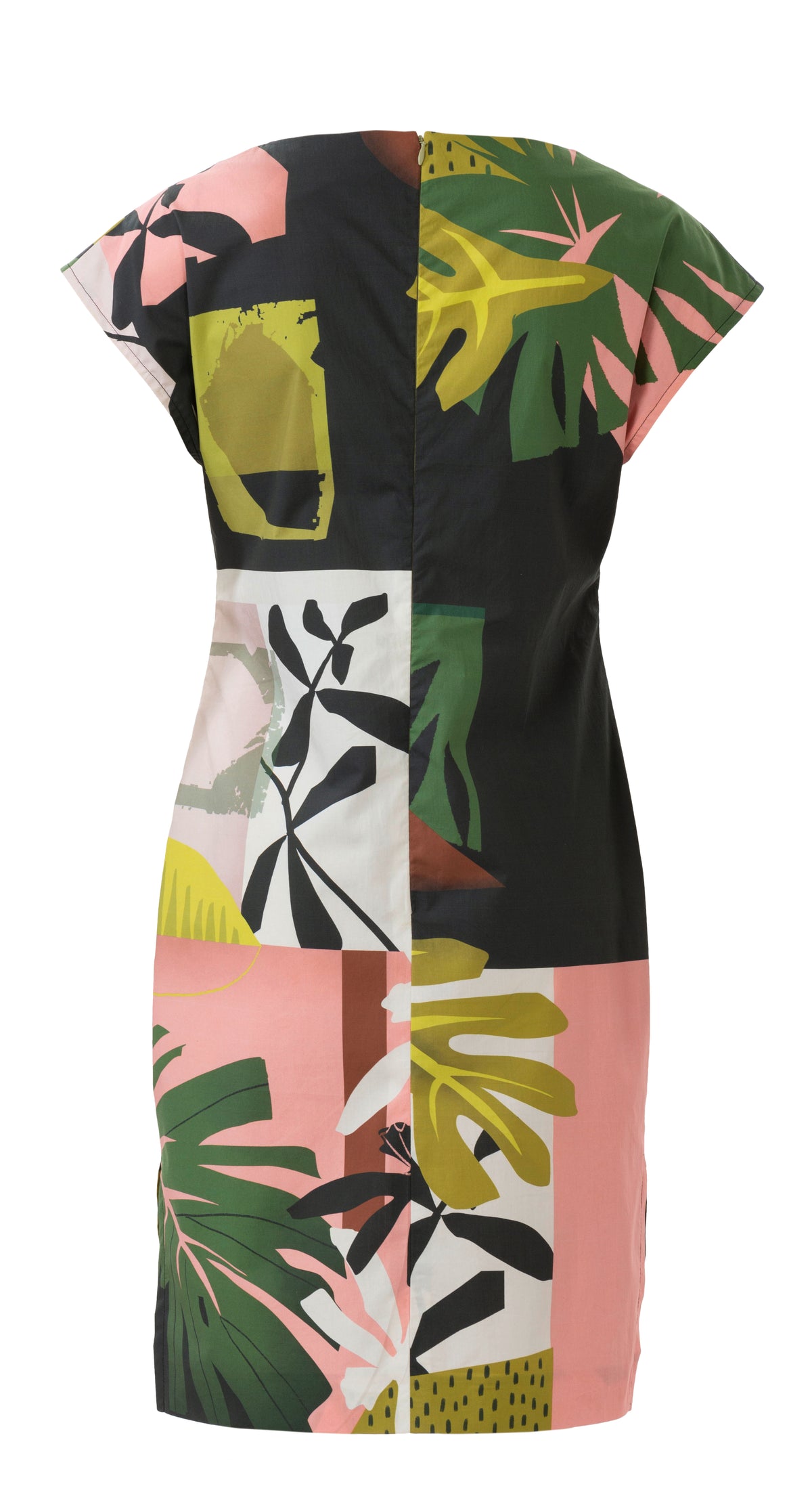 Veste courte imprimée colorée avec motifs feuilles et blocs de couleur rose, noir, vert et blanc.