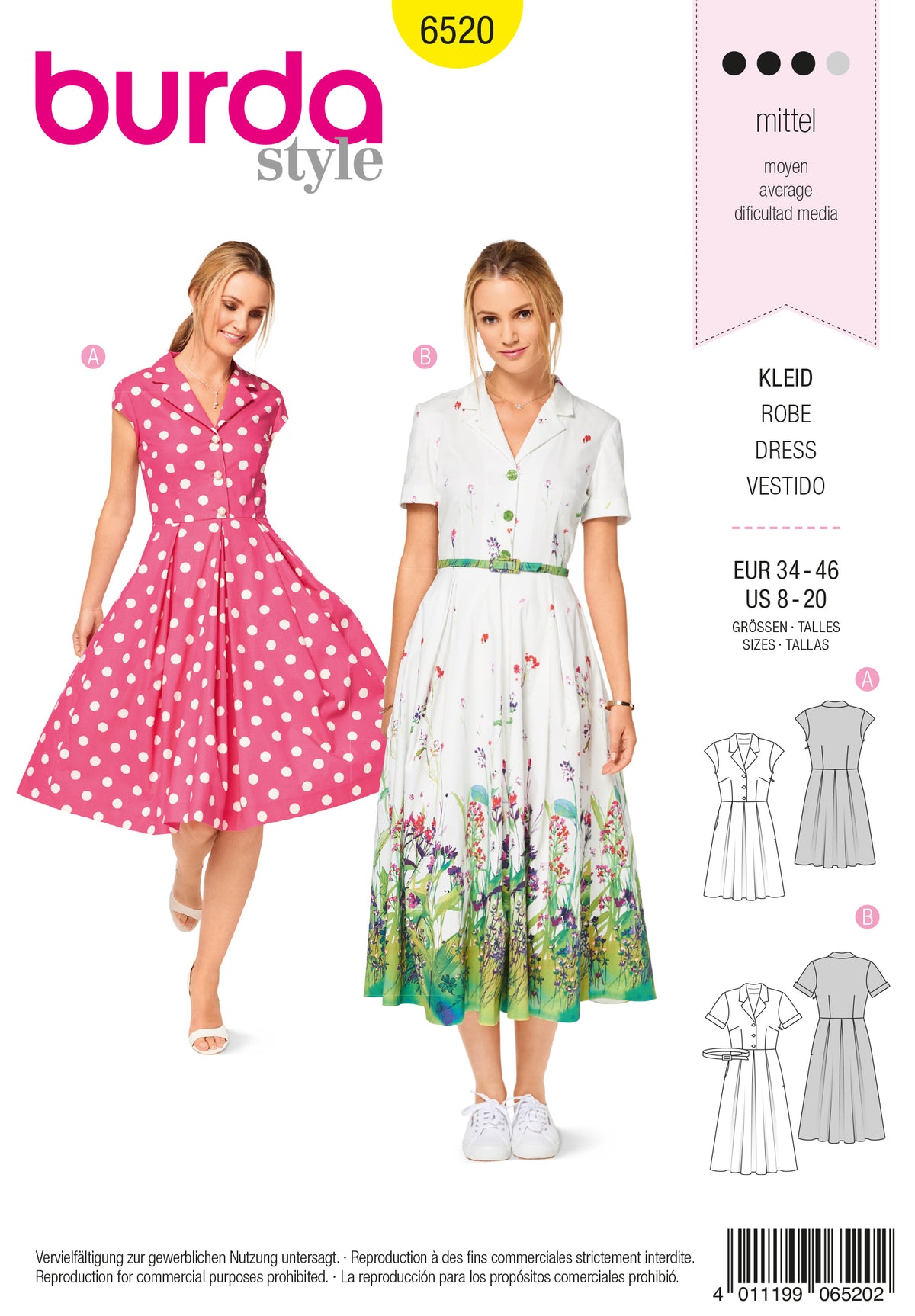 Patron Burda n°6520 – Robe chemisier avec jupe plissée
