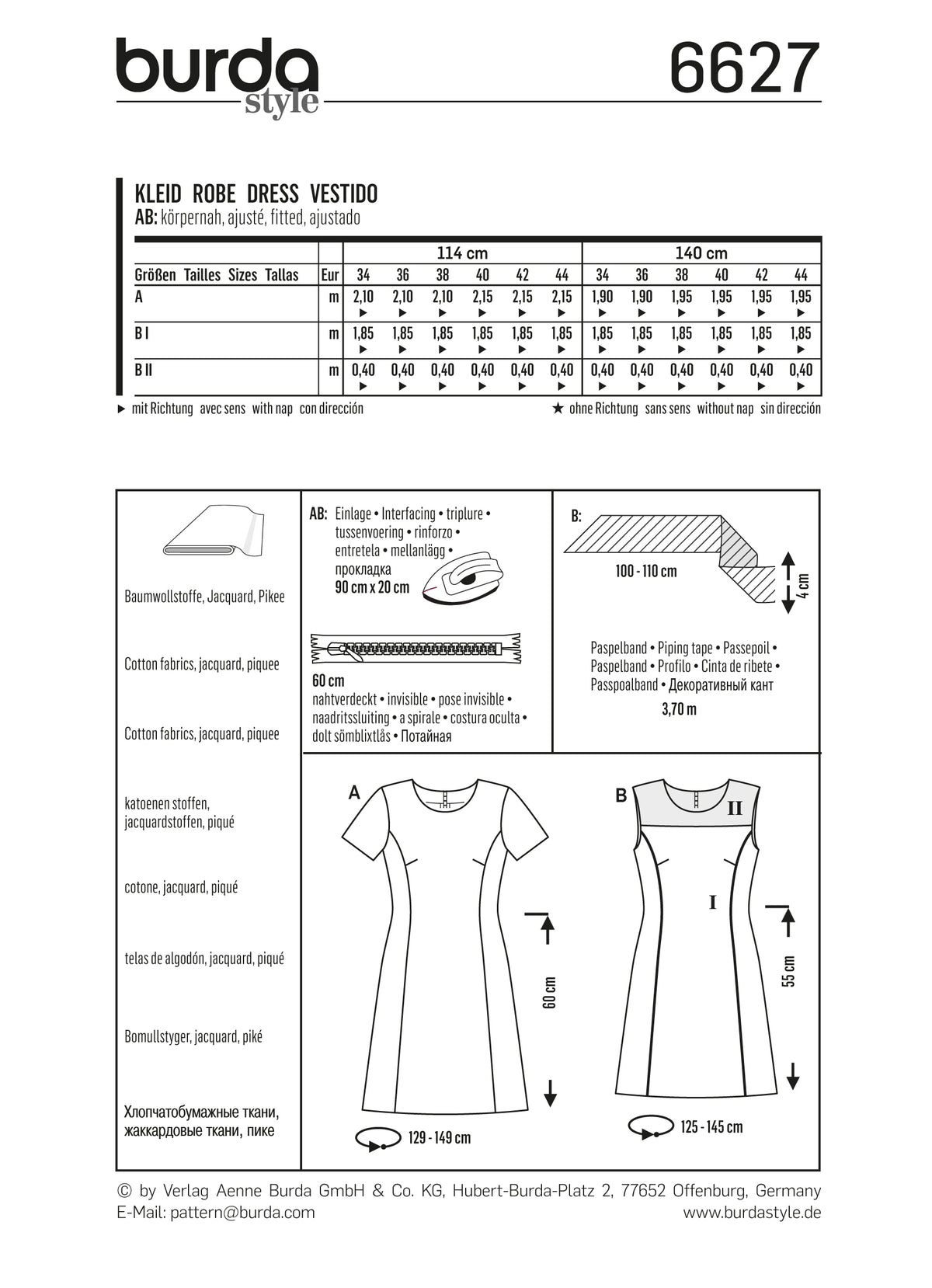 Gabarit Burda style 6627 robes et chef-d’œuvre de patrons couture, pages avec mesures et schémas.
