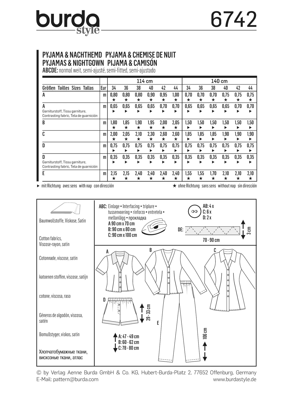 Patron Burda n°6742 - Pyjama et chemise de nuit