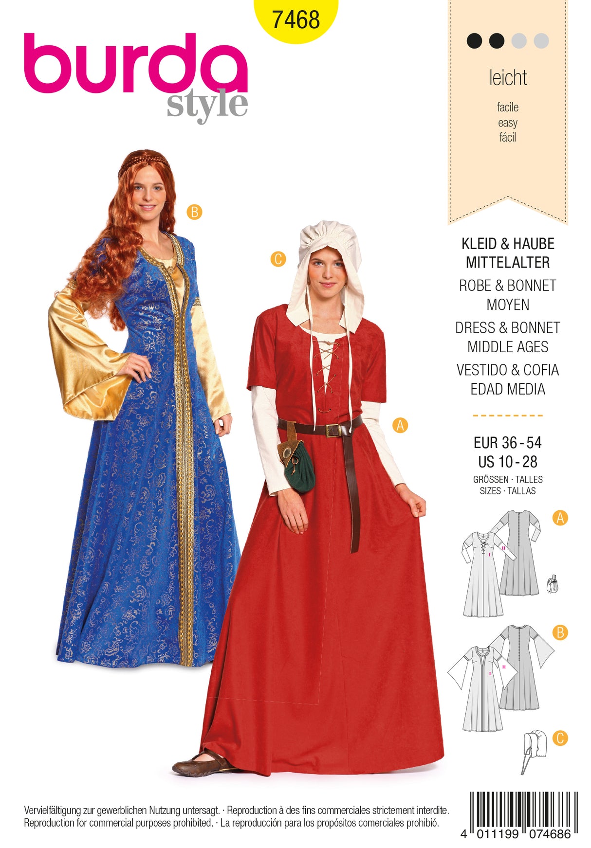Patron Burda n°7468 - Robe et bonnet Moyen Âge