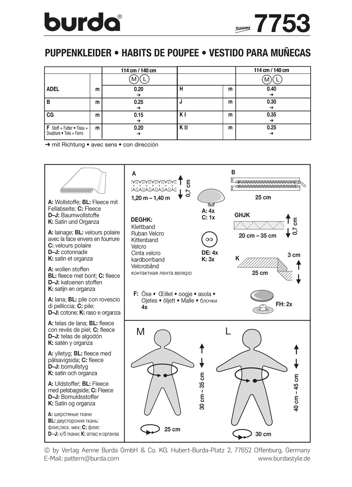 Patron Burda n°7753 - Vêtements de poupée