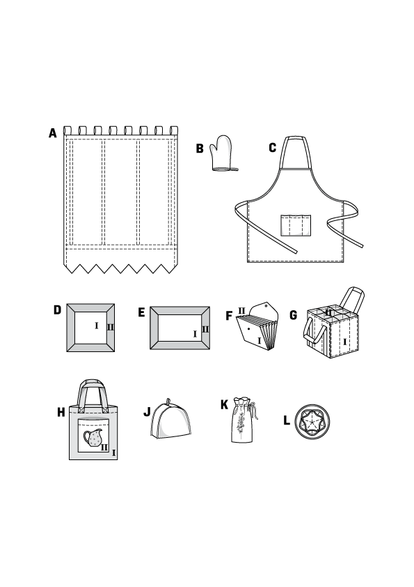 Sac et accessoires étiquetés avec divers éléments de cuisine et couture, comme tablier, gants et boîtes.