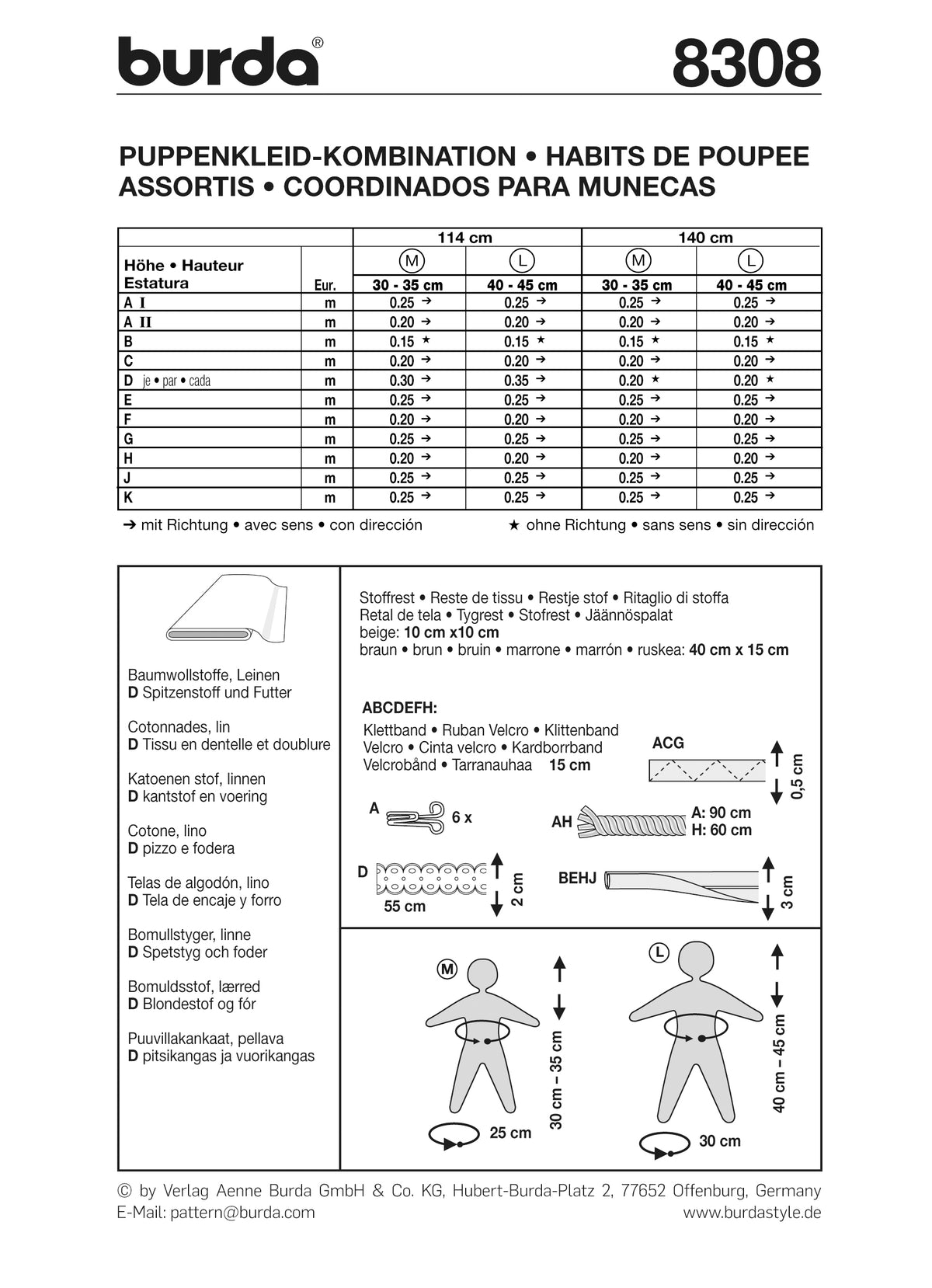 Patron Burda n°8308 - Vêtements pour poupées