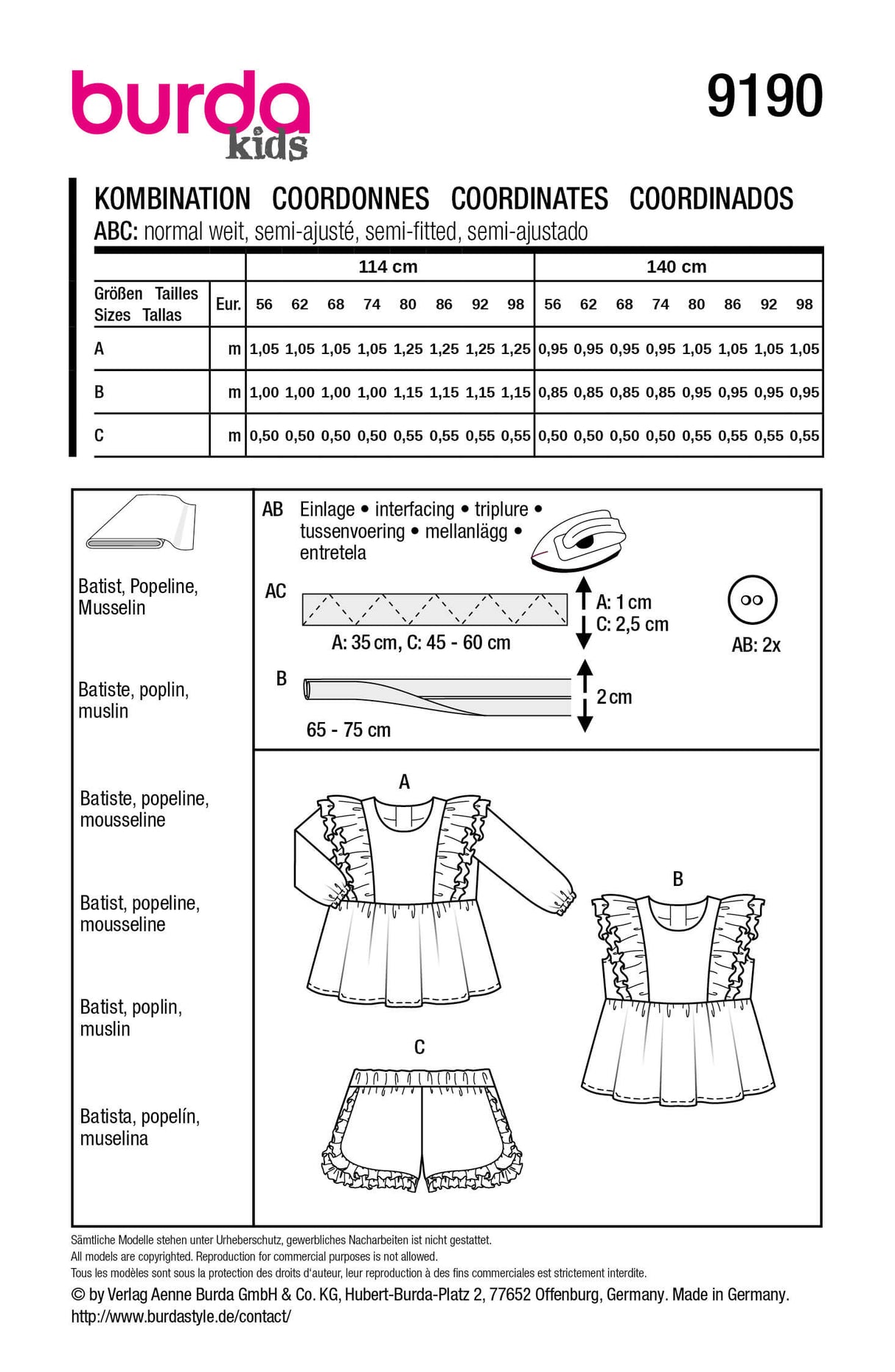 Patron Burda 9190 – Ensemble bébé haut, tunique et short