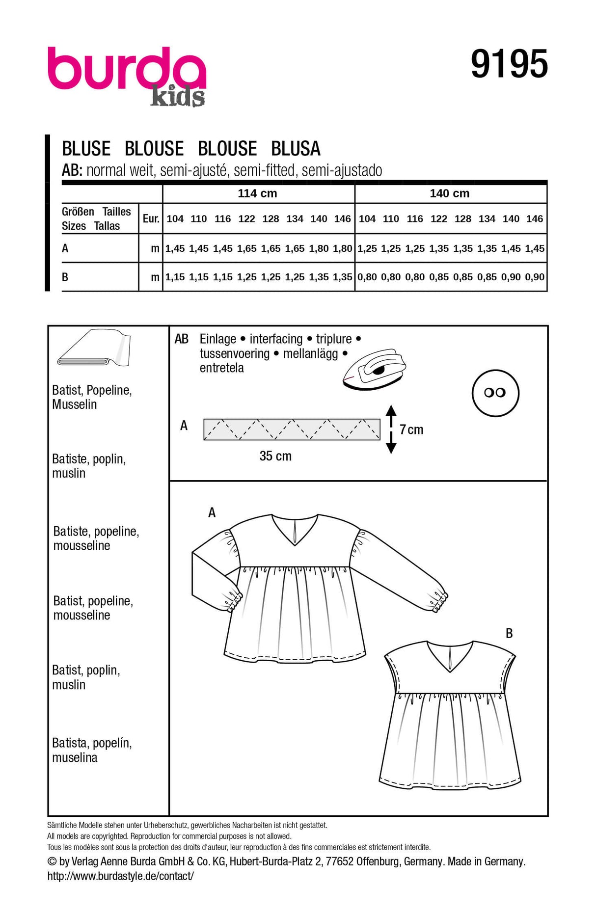 Patron Burda 9195 – Chemisier enfant