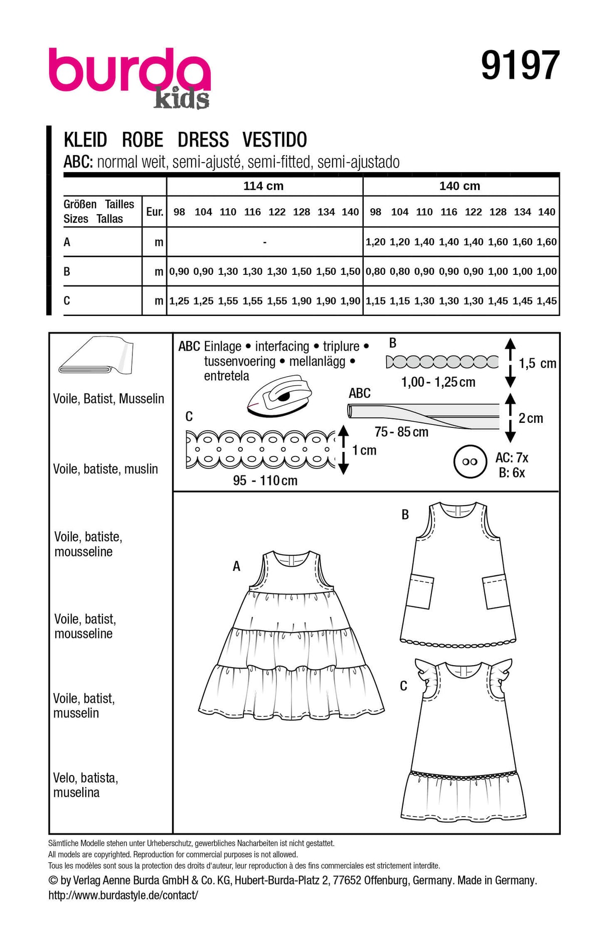 Patron Burda 9197 – Robe enfant