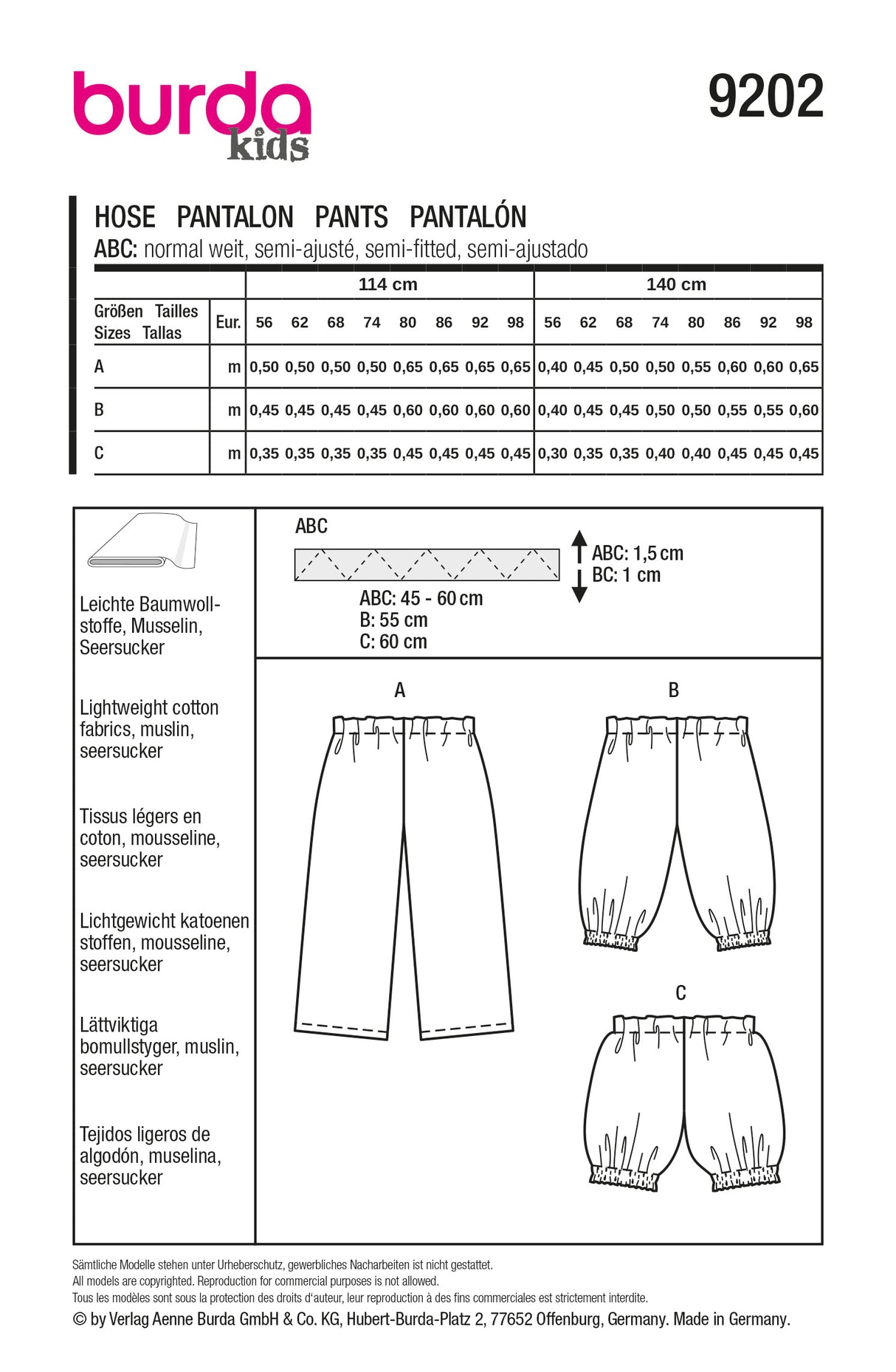 Patron Burda 9202 - Pantalon et short enfants