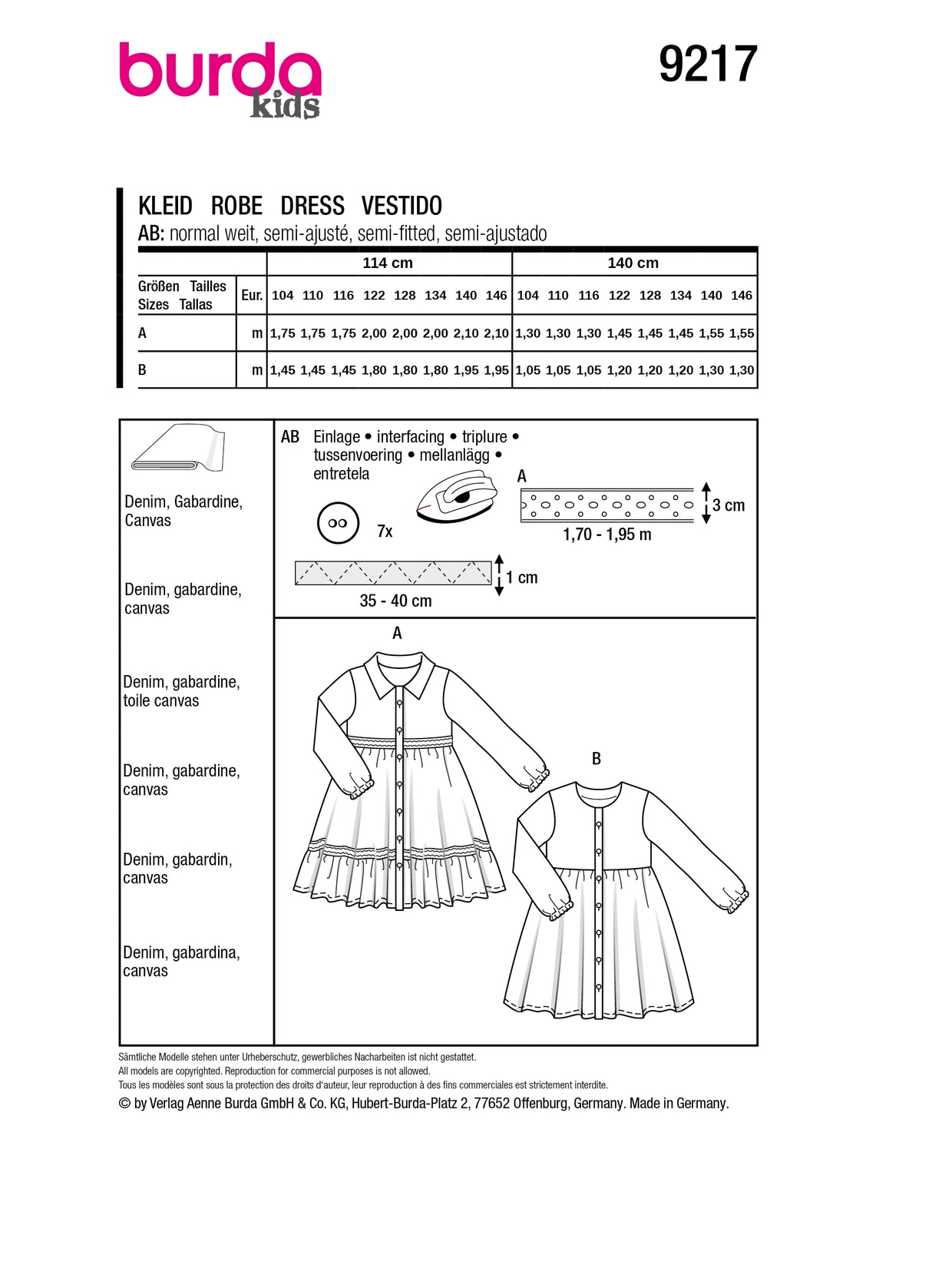 Patron Burda n°9217 - Robe pour enfants