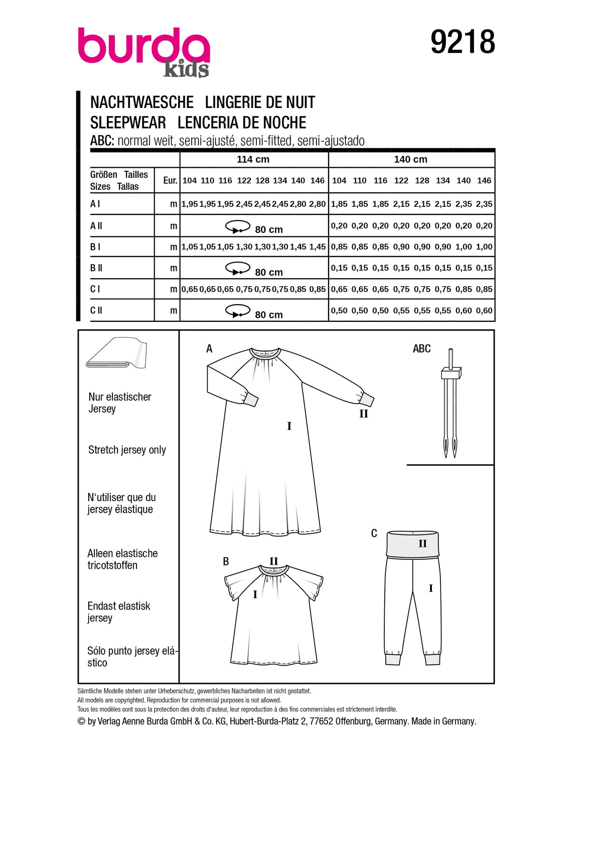 Patron Burda n°9218 - Ensemble de nuit pour enfants