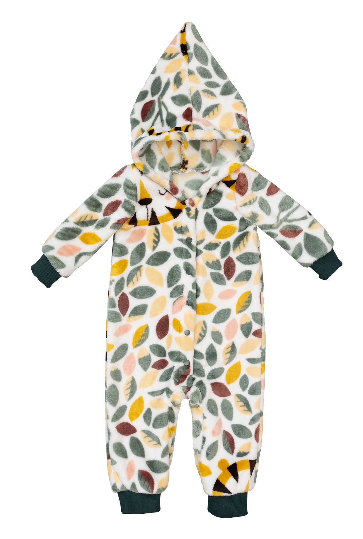 Combinaison bébé en velours à capuche à motif feuilles multicolores, boutons devant, poignets et chevilles verts foncé.