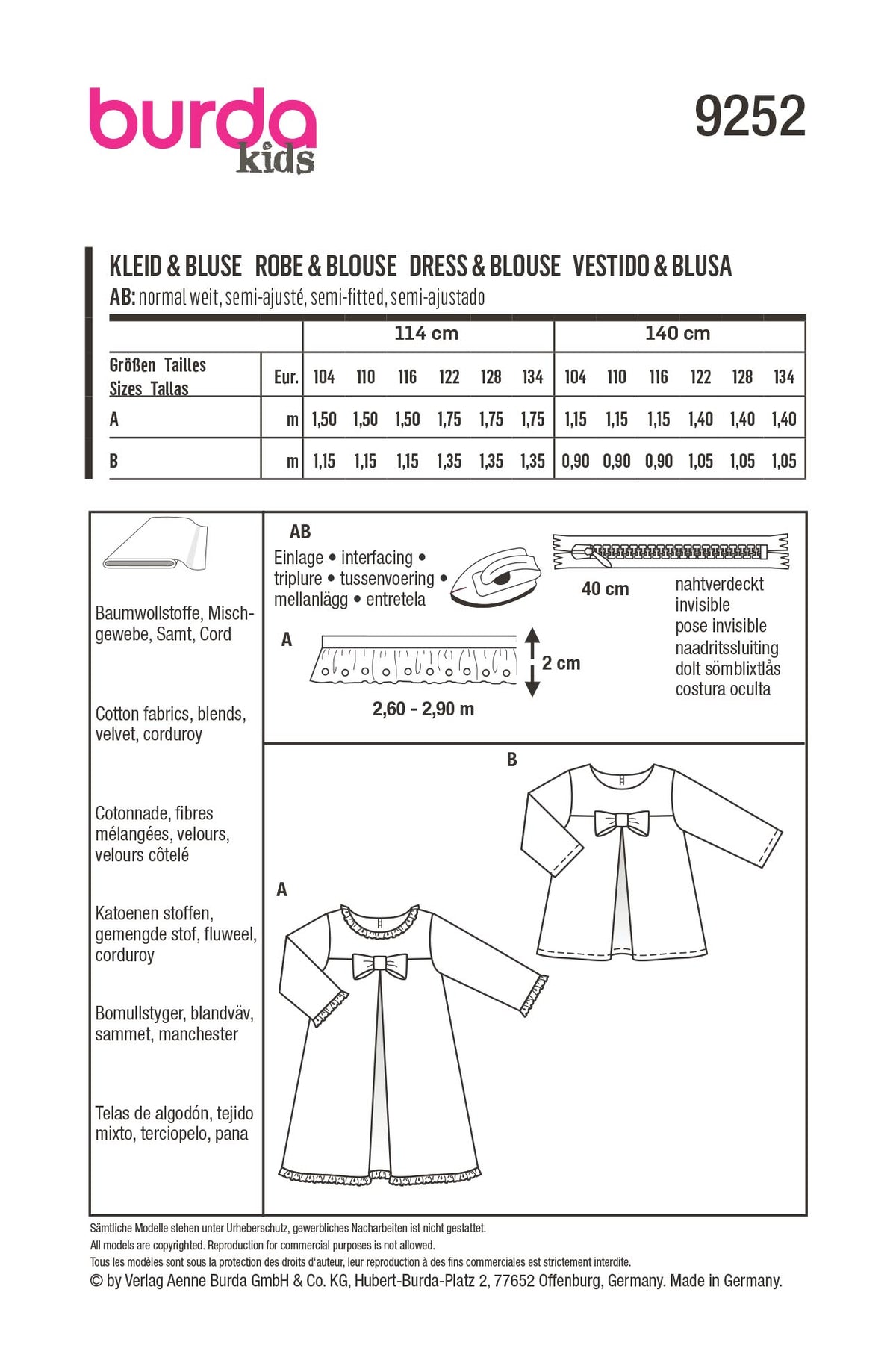 Patron Burda n°9252 - Robe et blouse évasées pour enfants