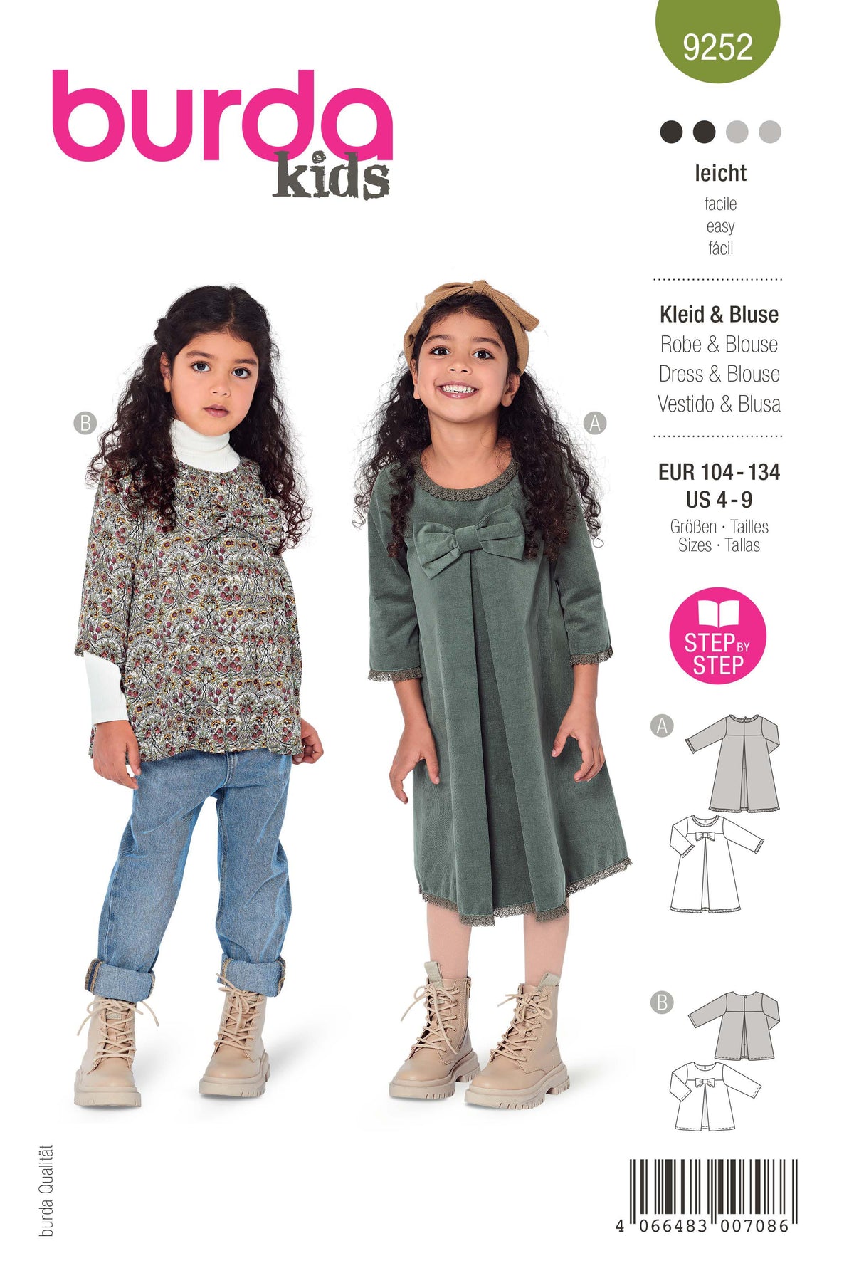 Burda Kids: deux jeunes filles portent des vêtements d’automne, l’une en blouse fluide imprimée et jean, l’autre en robe vert olive avec nœud et bottines beige.